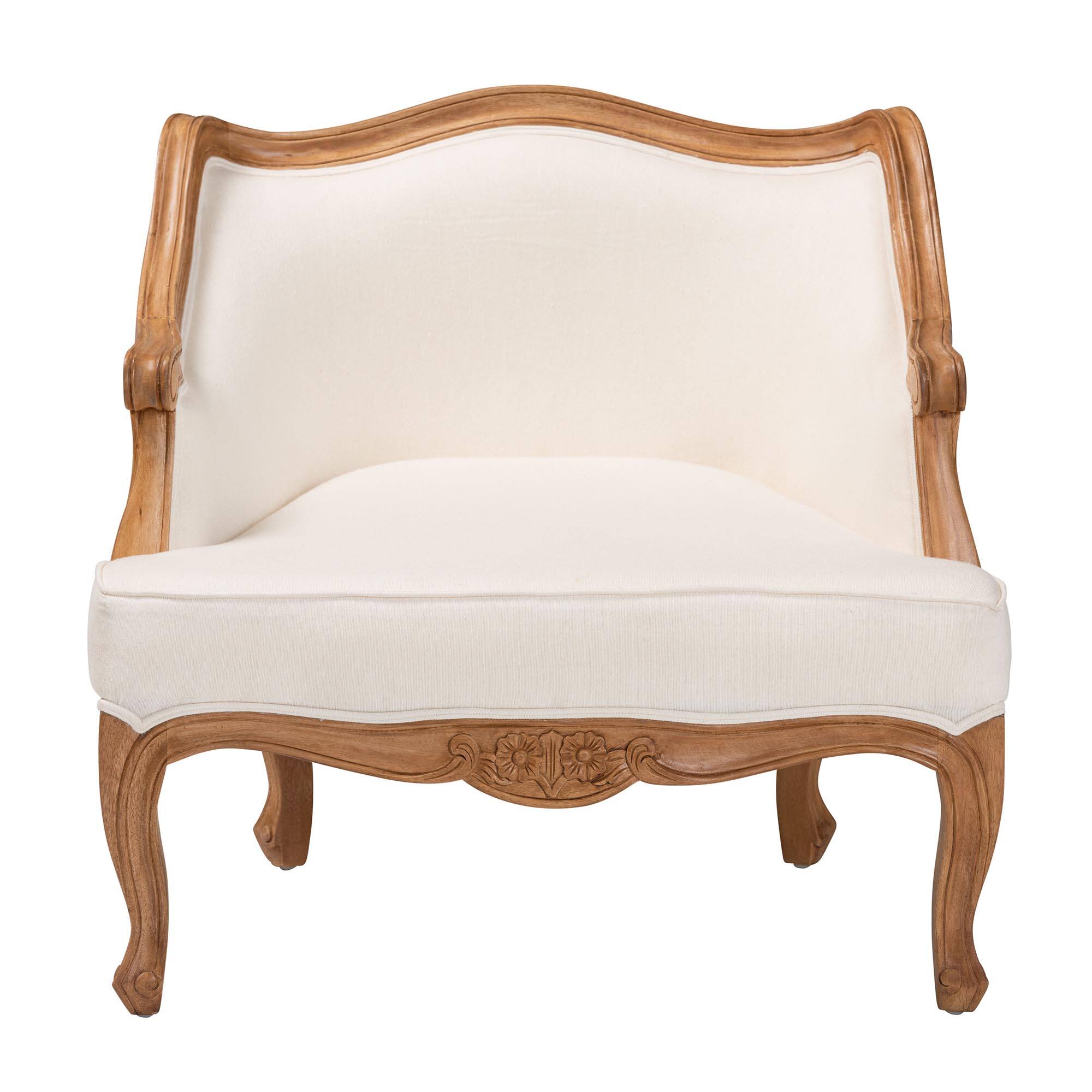 Angle. bali & pari - Sylvestra Traditional French Fabric and Honey Oak Finished Wood Low Seat Accent Chair - Beige/Honey Oak.