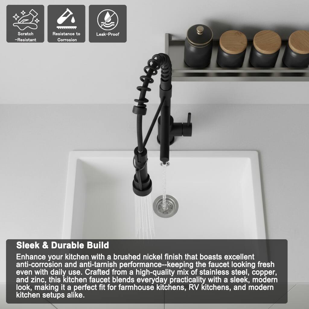 Scratch-Resistant  
Resistance to Corrosion  
Leak-Proof  

Sleek & Durable Build  

Enhance your kitchen with a brushed nickel finish that boasts excellent anti-corrosion and anti-tarnish performance—keeping the faucet looking fresh even with daily use. Crafted from a high-quality mix of stainless steel, copper, and zinc, this kitchen faucet blends everyday practicality with a sleek, modern look, making it a perfect fit for farmhouse kitchens, RV kitchens, and modern kitchen setups alike.