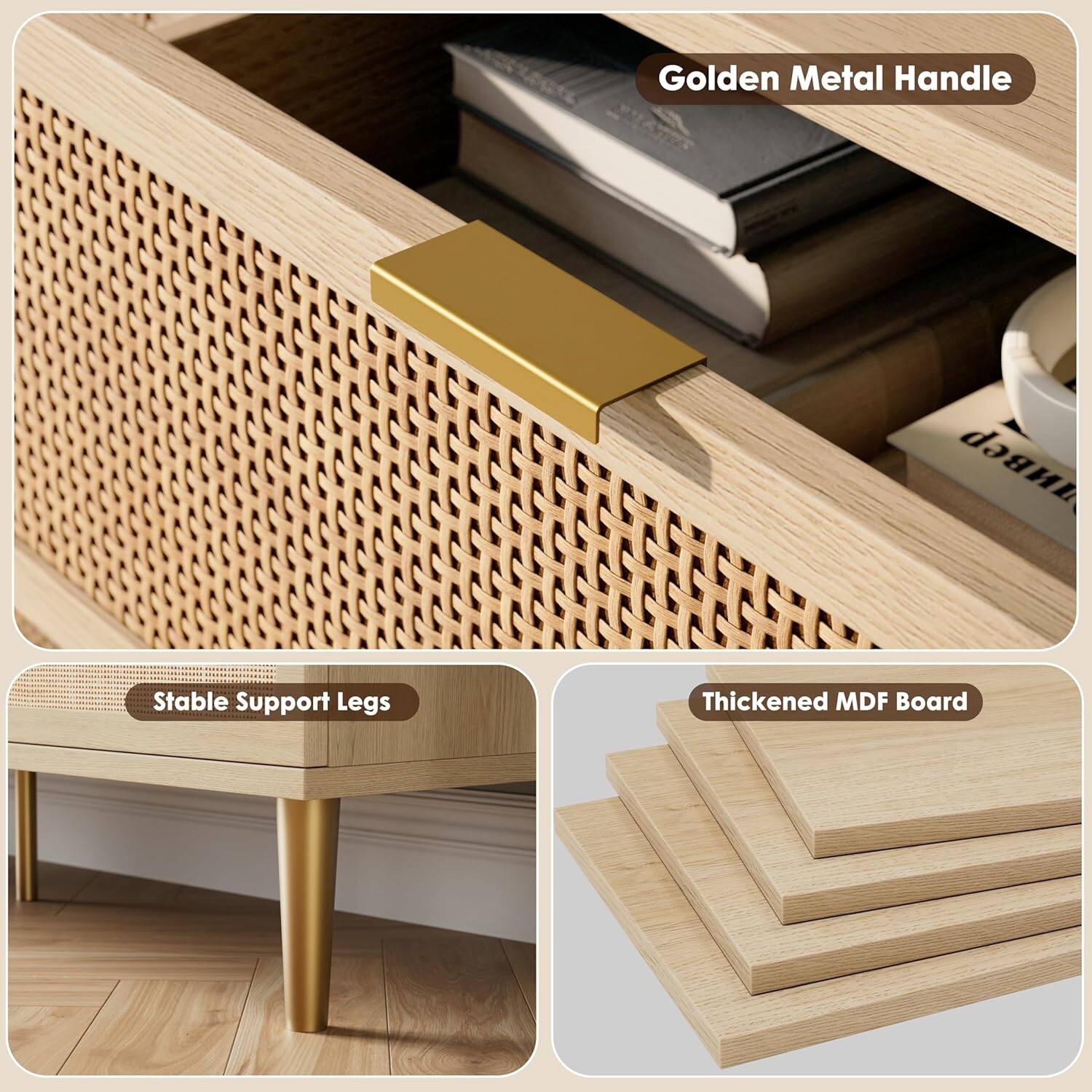 Golden Metal Handle  
Stable Support Legs  
Thickened MDF Board