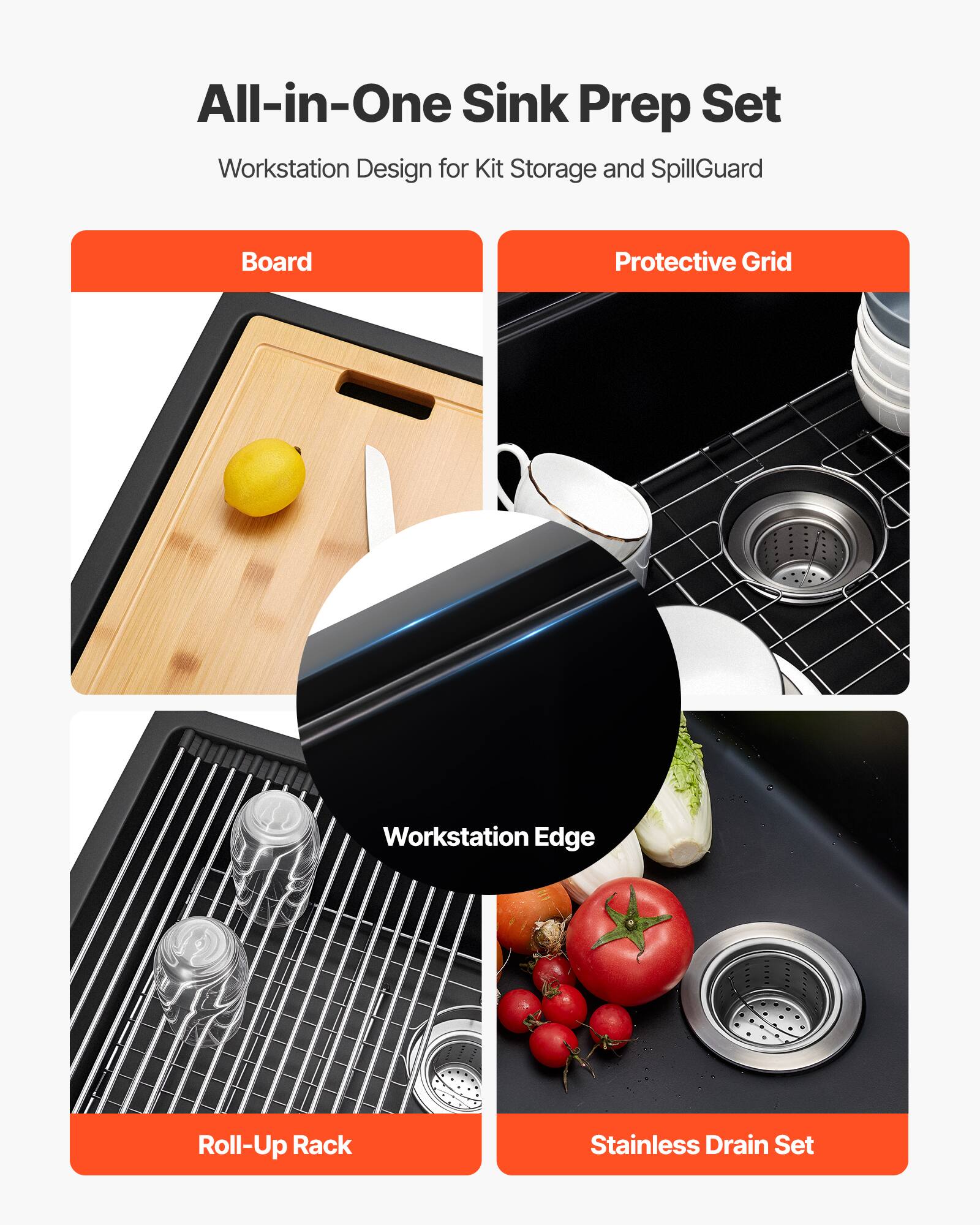 All-in-One Sink Prep Set  
Workstation Design for Kit Storage and SpillGuard

- Board
- Protective Grid
- Workstation Edge
- Roll-Up Rack
- Stainless Drain Set