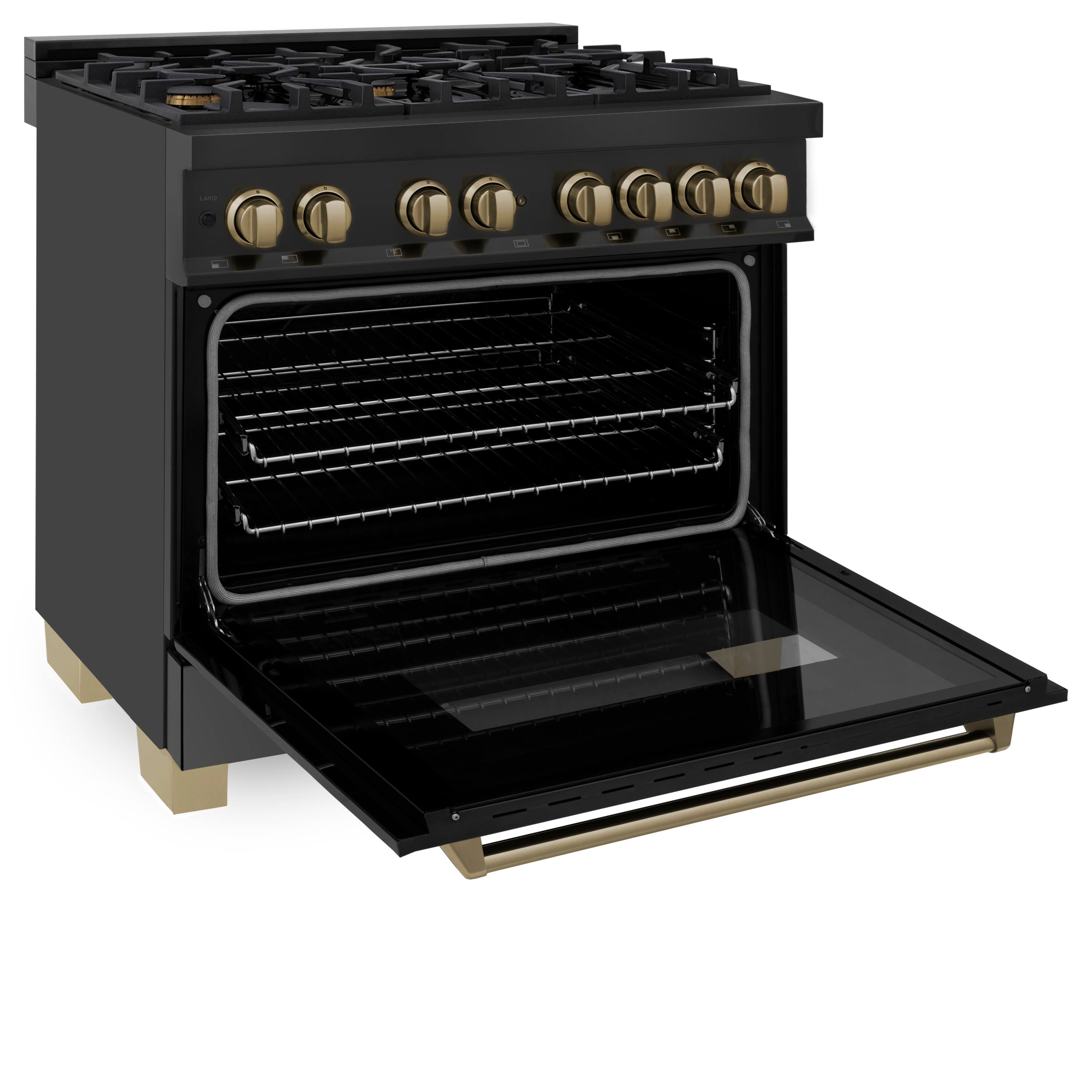 Angle. ZLINE - Autograph Edition 36 in. 4.6 cu. ft. Freestanding Legacy Dual Fuel Range in Black Stainless Steel and Bronze Accents - Black.