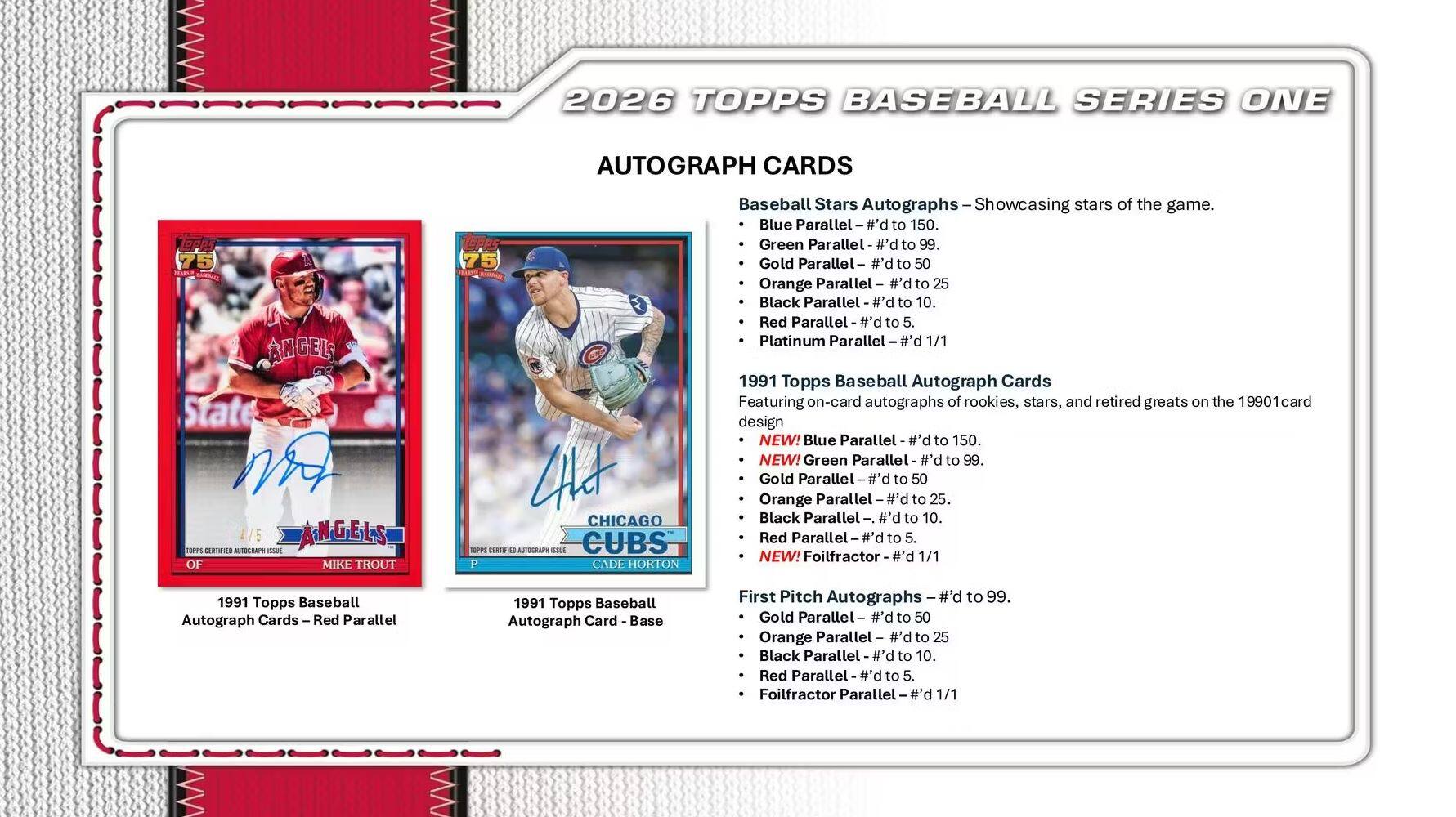 2026 TOPPS BASEBALL SERIES ONE AUTOGRAPH CARDS

Baseball Stars Autographs - Showcasing stars of the game.
- Blue Parallel #d to 150.
- Green Parallel #d to 99.
- Gold Parallel #d to 50.
- Orange Parallel #d to 25.
- Black Parallel #d to 10.
- Red Parallel #d to 5.
- Platinum Parallel #d 1/1

1991 Topps Baseball Autograph Cards
Featuring on-card autographs of rookies, stars, and retired greats on the 19901 card design
- NEW! Blue Parallel #d to 150.
- NEW! Green Parallel #d to 99.
- Gold Parallel #d to 50.
- Orange Parallel #d to 25.
- Black Parallel #d to 10.
- Red Parallel #d to 5.
- NEW! Foilfractor #d 1/1

First Pitch Autographs #d to 99.
- Gold Parallel #d to 50.
- Orange Parallel #d to 25.
- Black Parallel #d to 10.
-