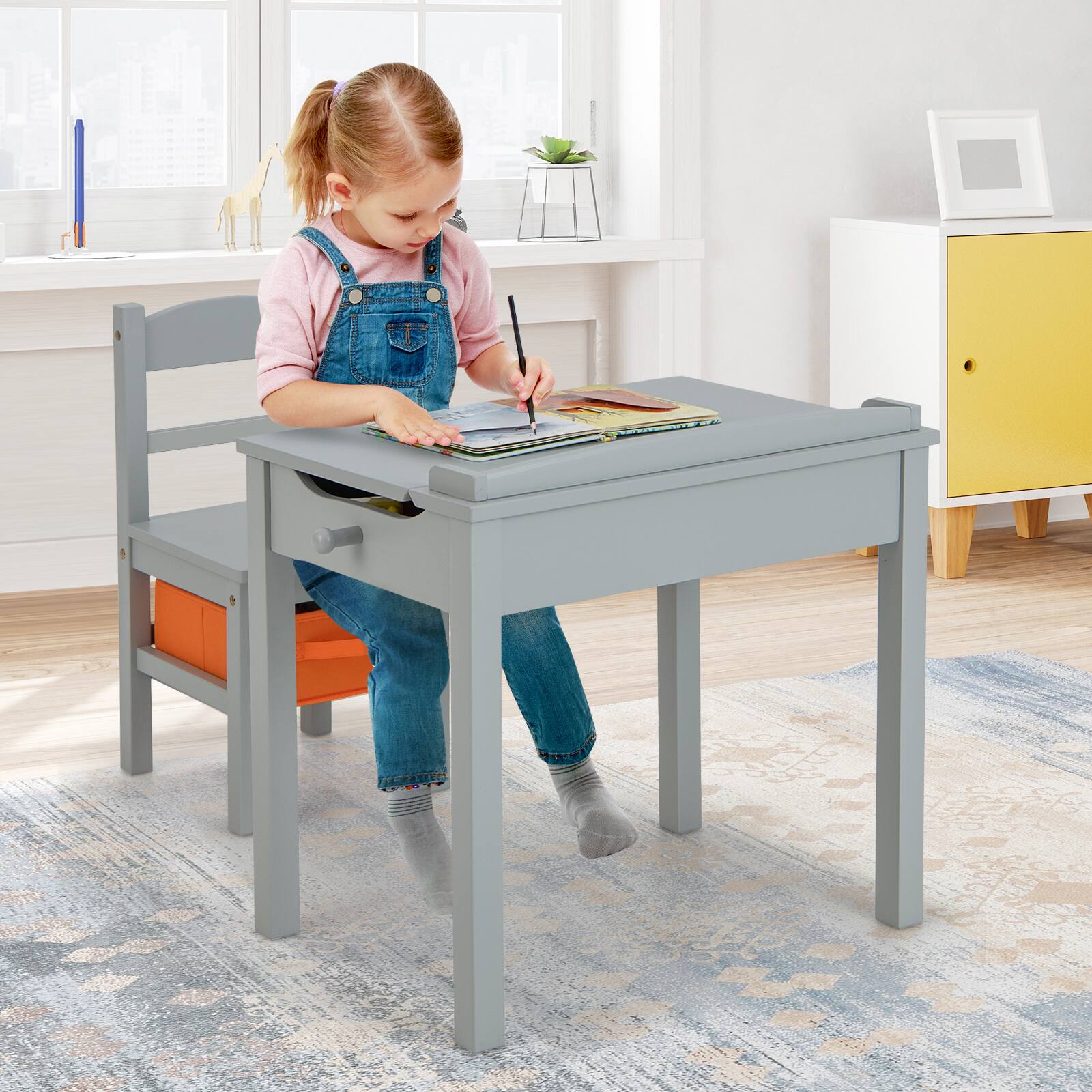 Alt View 5. Gymax - Gymax Kids Table and Chair Set Wood Activity Study Desk w/ Storage Drawer Hook Grey - Grey.