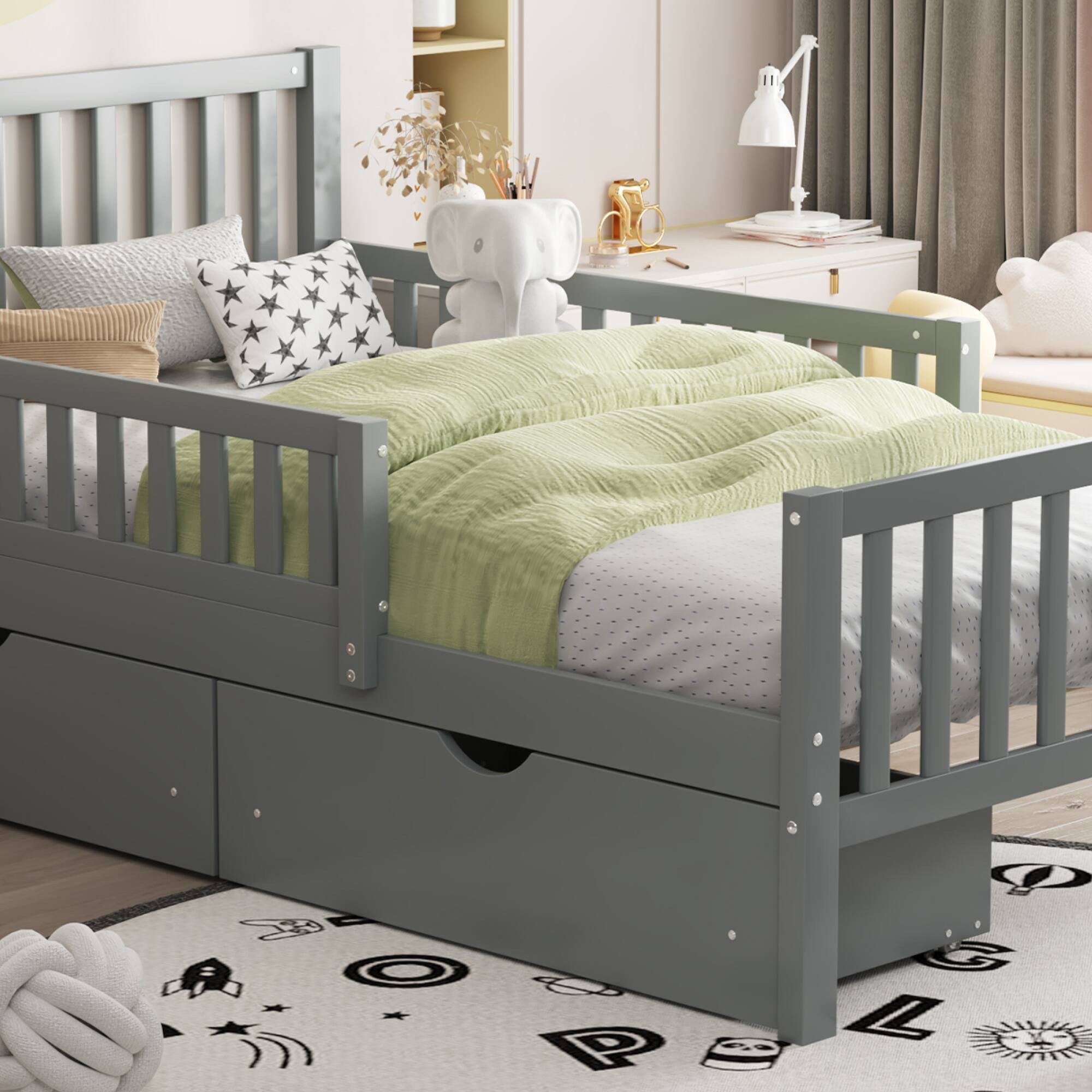 Alt View 8. GOODSILO - Twin Size Wood Platform Bed with Dual Guardrails and Underbed Storage Drawers for Enhanced Safety and Organization - Gray.
