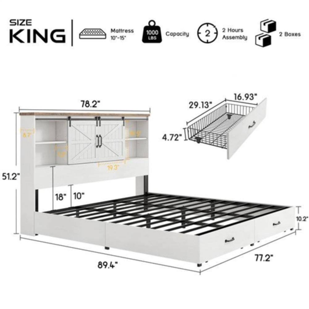 Sure, here is the corrected and grouped text from the image:

**Size:**
- KING

**Mattress:**
- 10" - 15"

**Capacity:**
- 1000 LBS

**Assembly:**
- 2 Hours

**Boxes:**
- 2 Boxes

**Dimensions:**
- 89.4" (length)
- 78.2" (width)
- 51.2" (height)
- 29.13" (side rail height)
- 16.93" (side rail width)
- 4.72" (side rail thickness)
- 18" (leg width)
- 10" (leg height)
- 10.2" (leg width)
- 77.2" (depth)