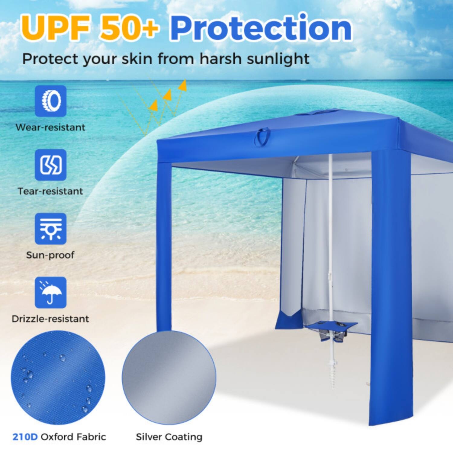 UPF 50+ Protection  
Protect your skin from harsh sunlight  

- Wear-resistant  
- Tear-resistant  
- Sun-proof  
- Drizzle-resistant  

210D Oxford Fabric  
Silver Coating