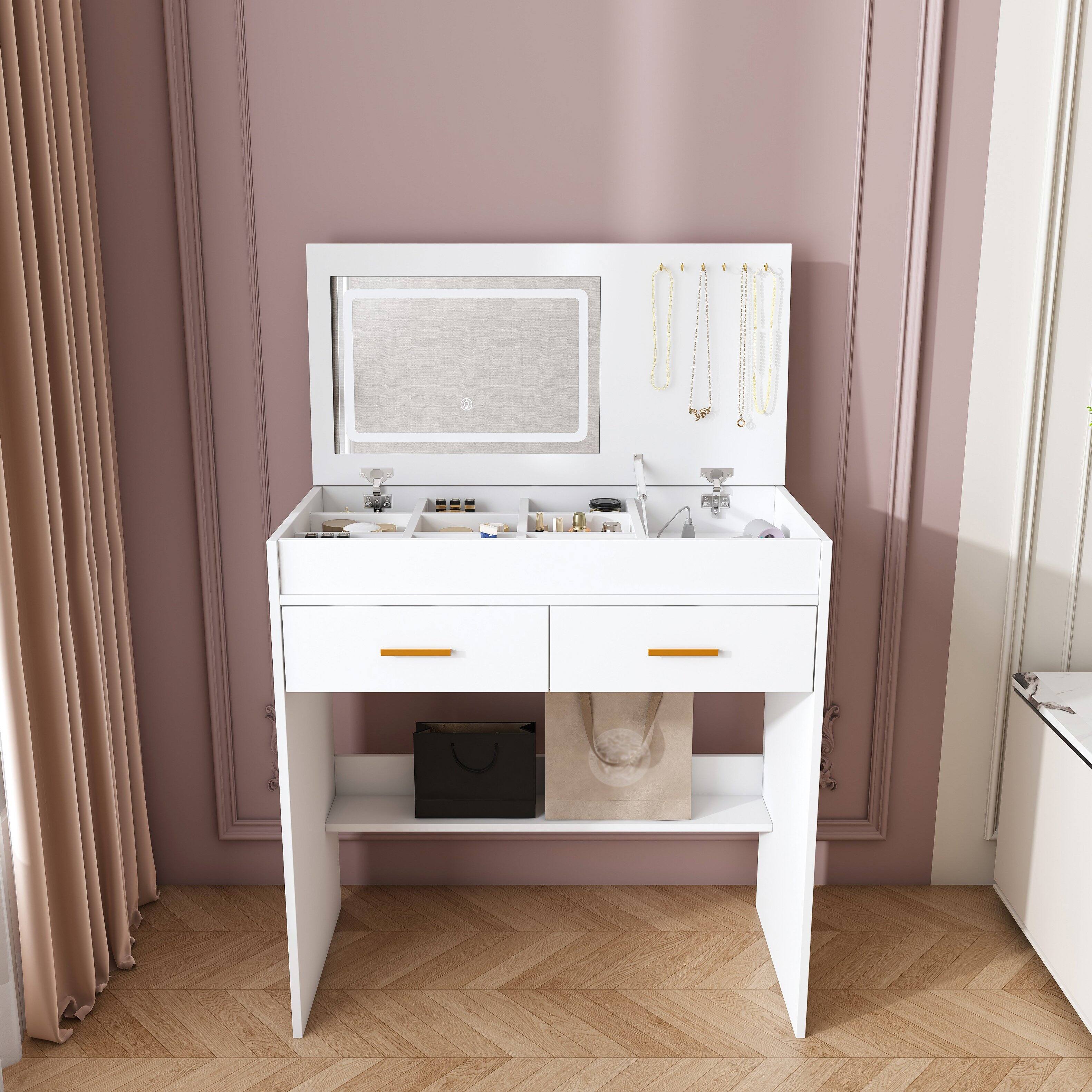 Front. COWLOWN - Flip Top Vanity Desk LED Lighted Mirror Outlet 2 Drawers Storage Jewelry Hooks No Stool White - White.