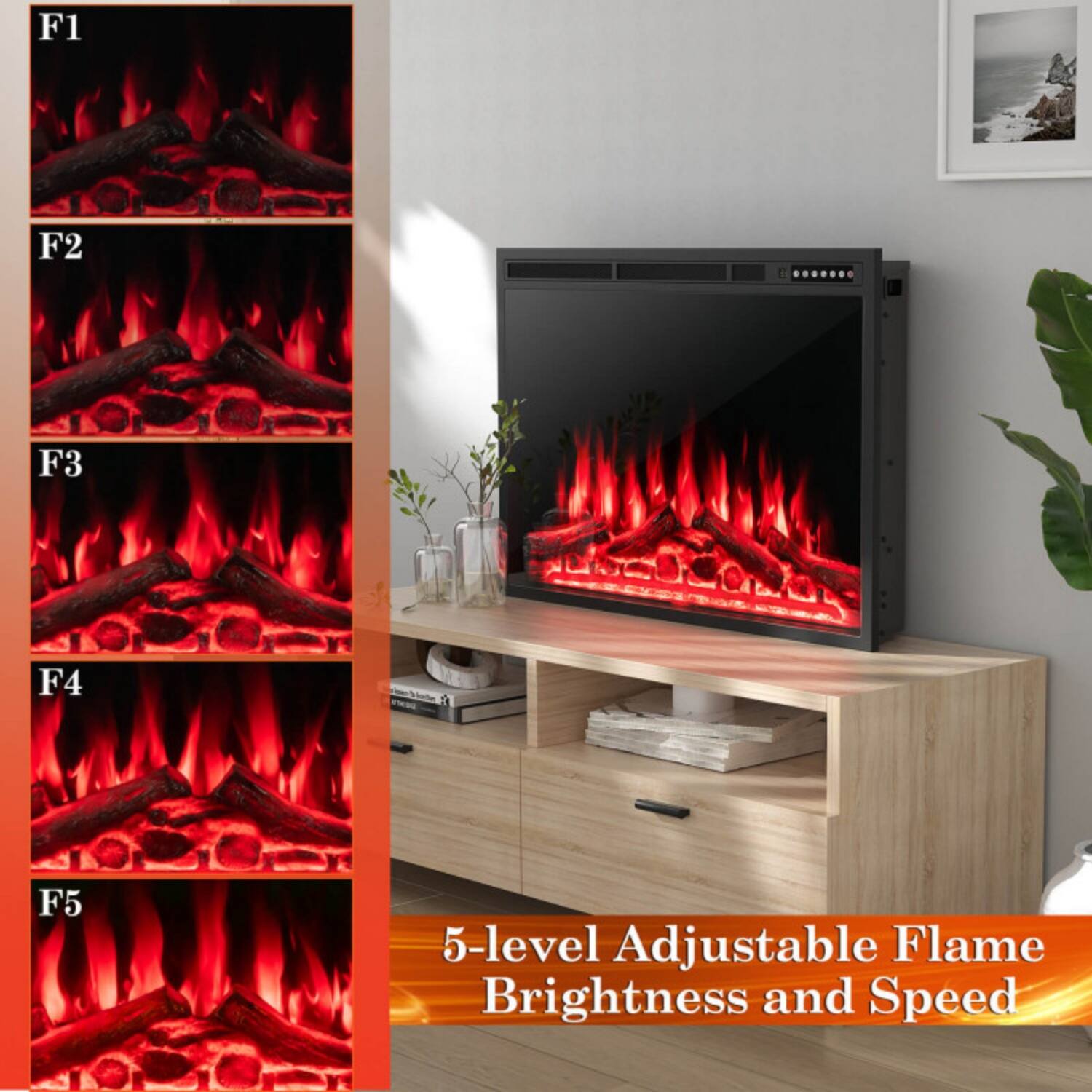 F1 F2 F3 F4 F5  
5-level Adjustable Flame Brightness and Speed