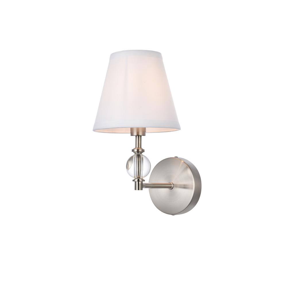 Alt View 2. Living District - Bethany 1 light bath sconce in satin nickel with white fabric shade - Satin Nickel And White Fabric Shade.