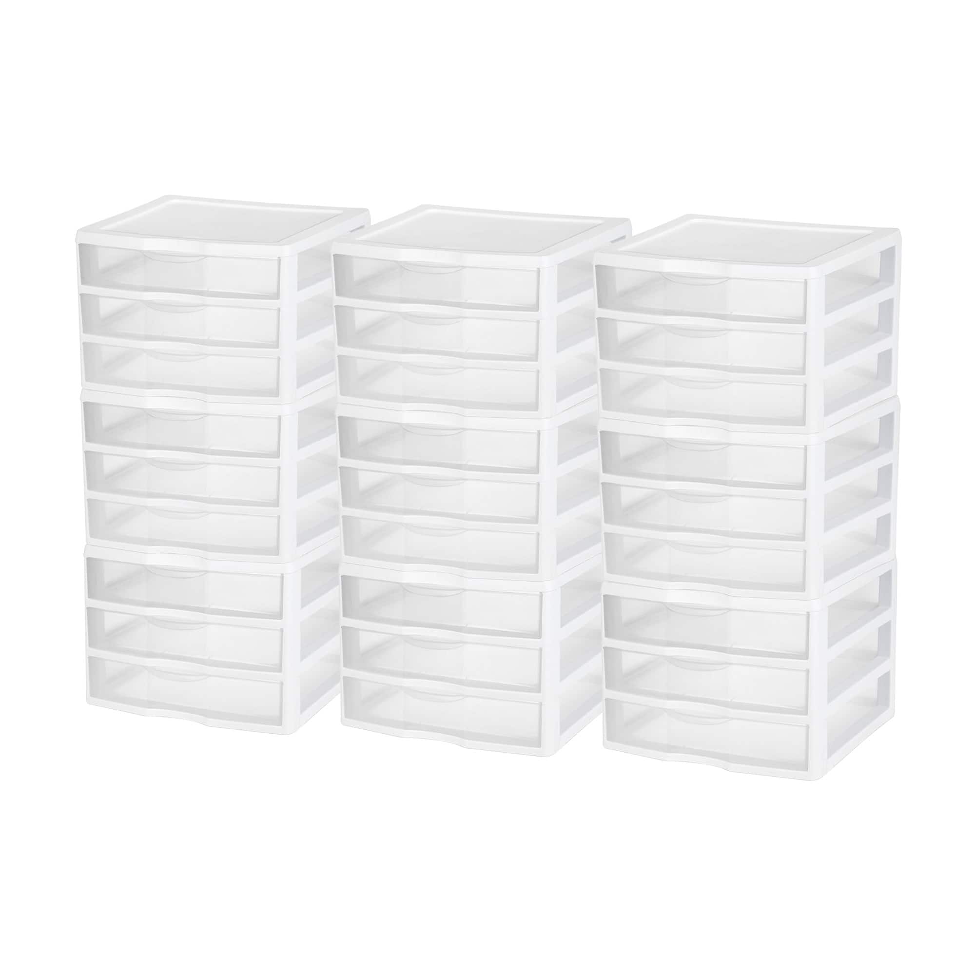 Sterilite - Clear Plastic Stackable Small 3 Drawer Storage System, White, (9 Pack)