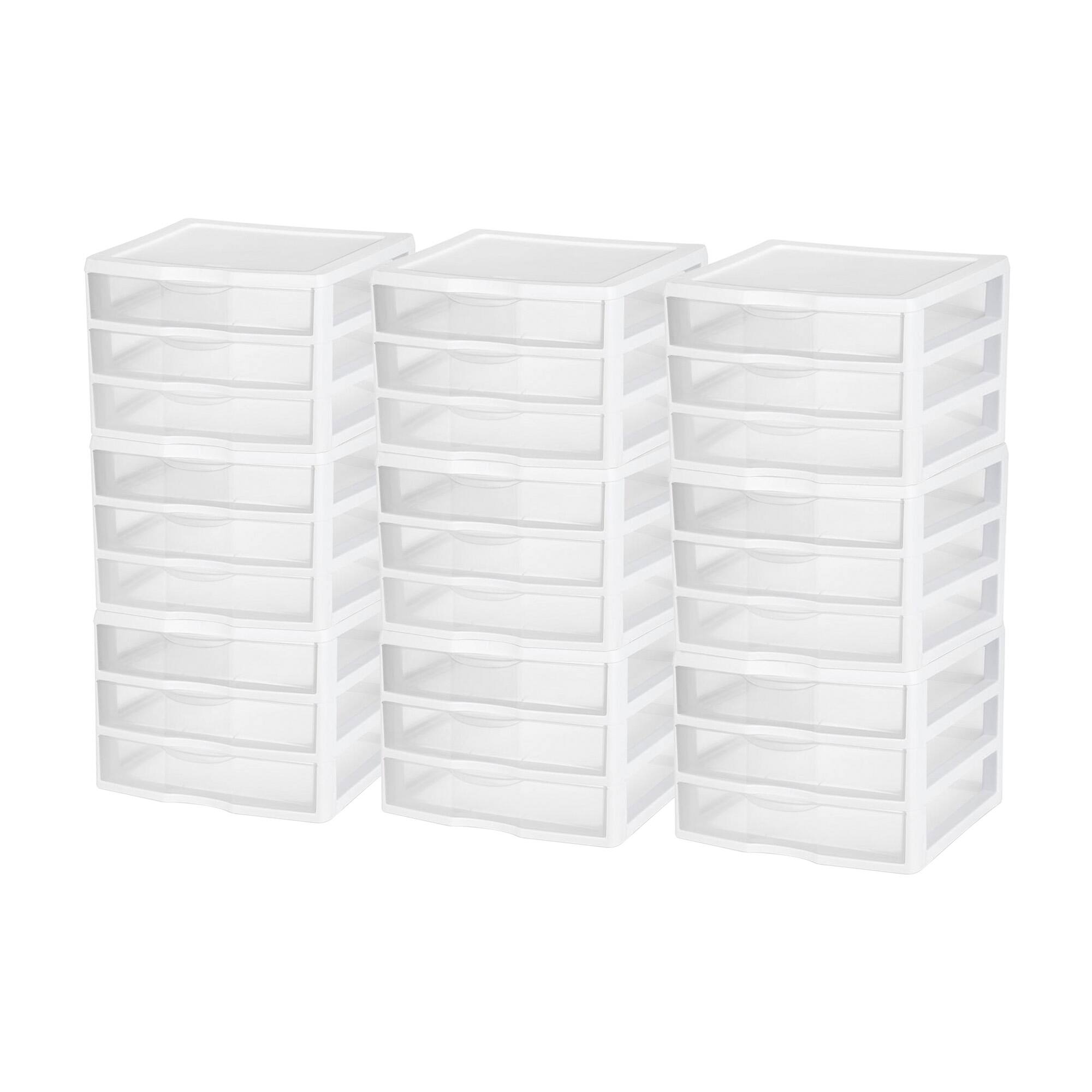 Front. Sterilite - Sterilite Clear Plastic Stackable Small 3 Drawer Storage System, White, (9 Pack).