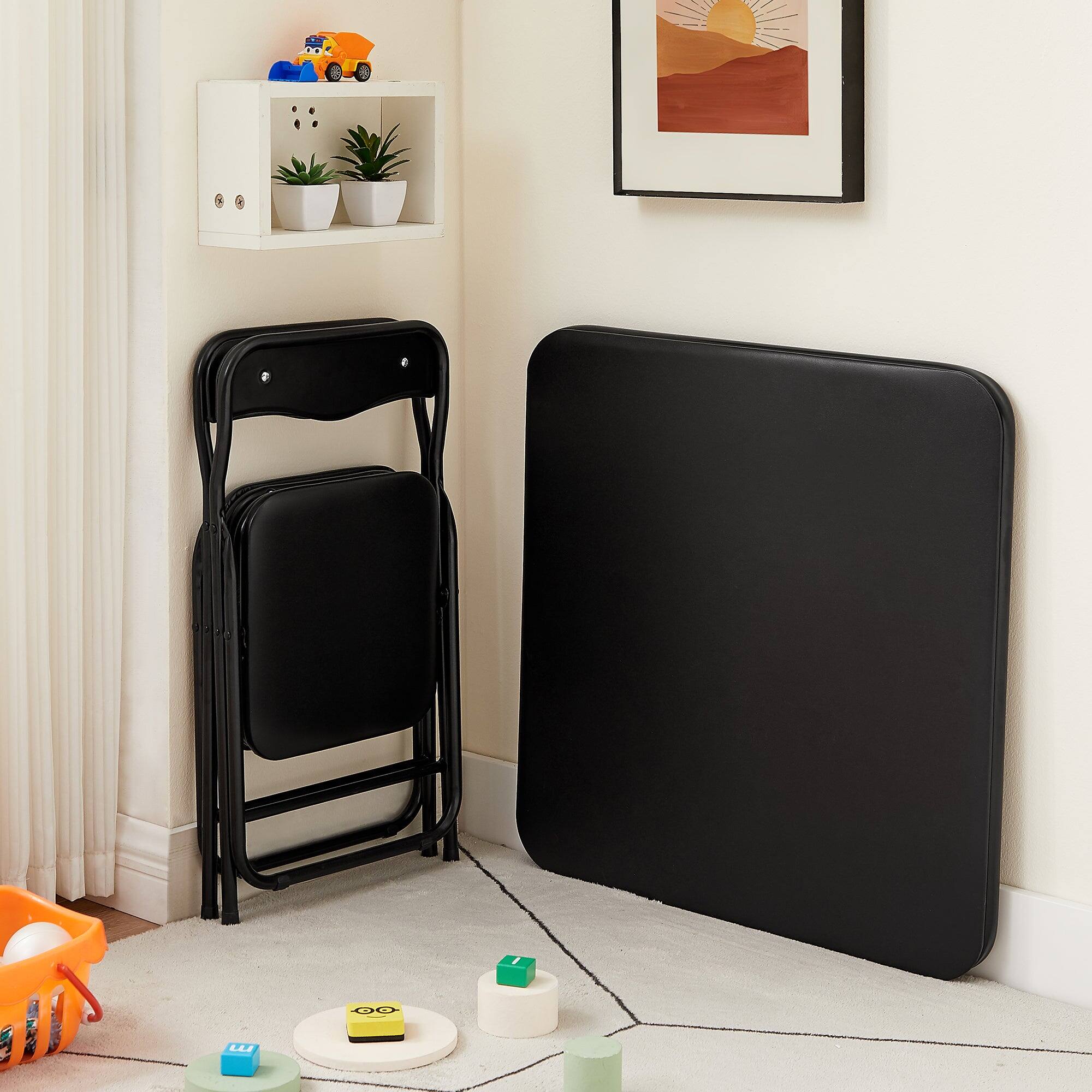 Back. Vecelo - Kids Folding Table and Chairs Set of 5- Toddler Activity Center , Play & Learning, Indoor Outdoor Use - Black.