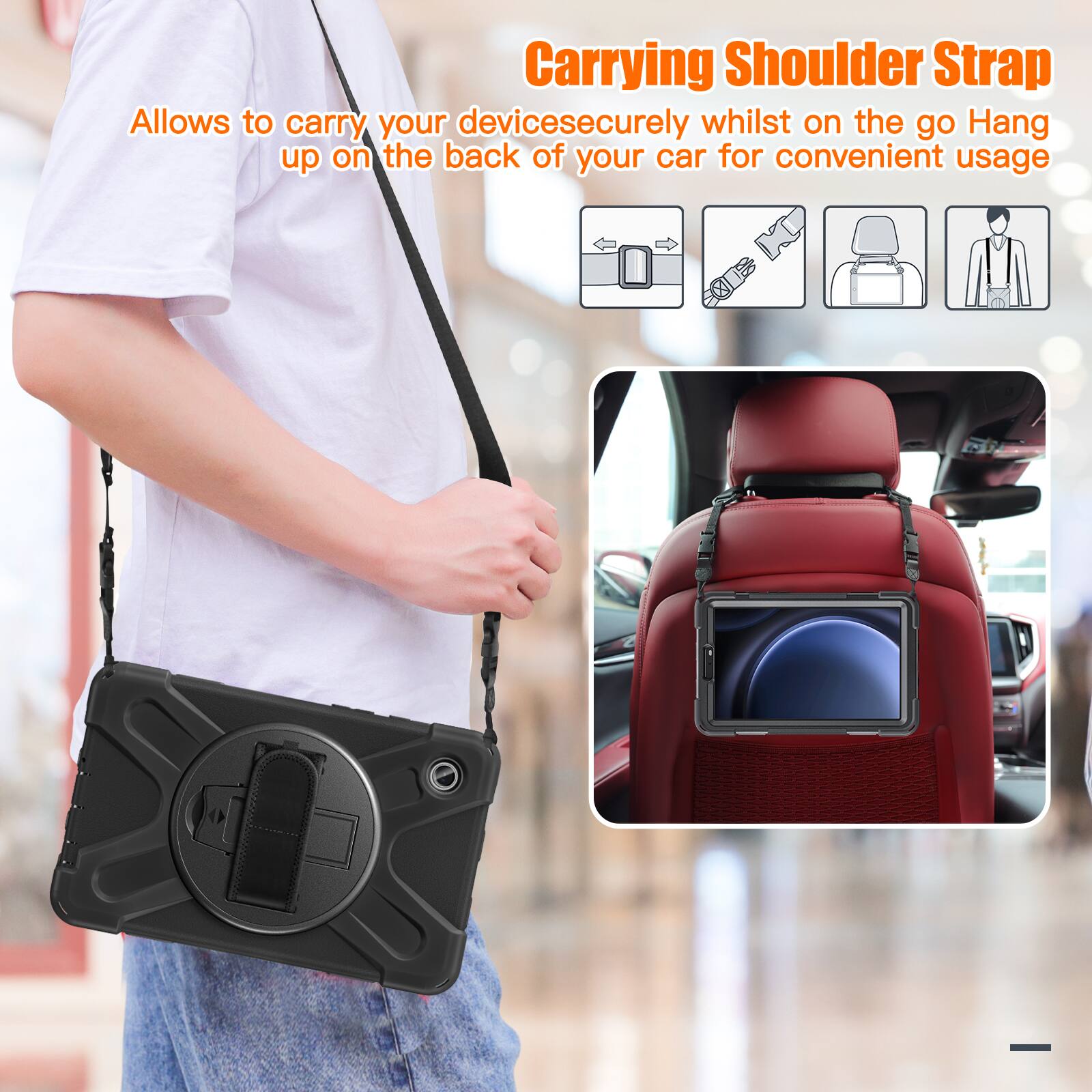 Carrying Shoulder Strap  
Allows to carry your device securely whilst on the go. Hang up on the back of your car for convenient usage.