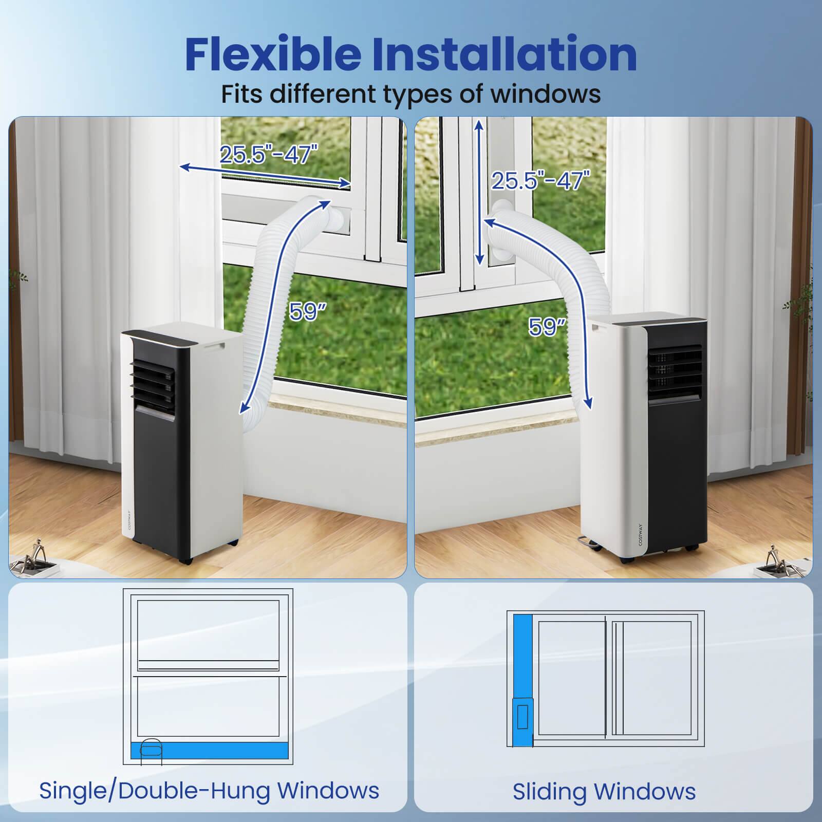 Flexible Installation  
Fits different types of windows  
25.5"-47"  
59"  
Single/Double-Hung Windows  
Sliding Windows