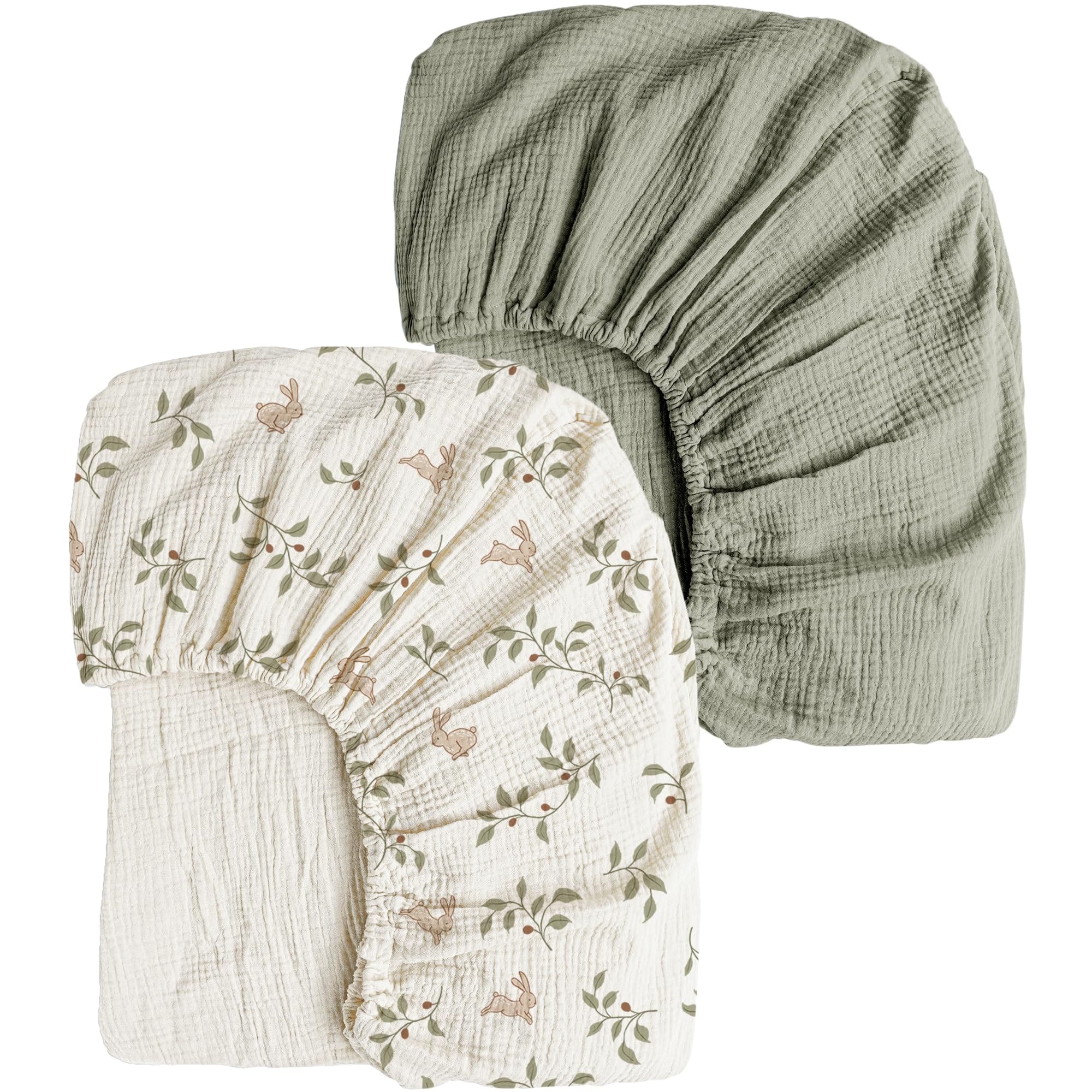 MAGICAL RUBS - Muslin Sheets For Girl Boy 2 Soft And Breathable Cotton Standard Mattress 52"x 28" (pink Sun Khaki Leaf) - Rabbit, Fog Green Crib Sheets