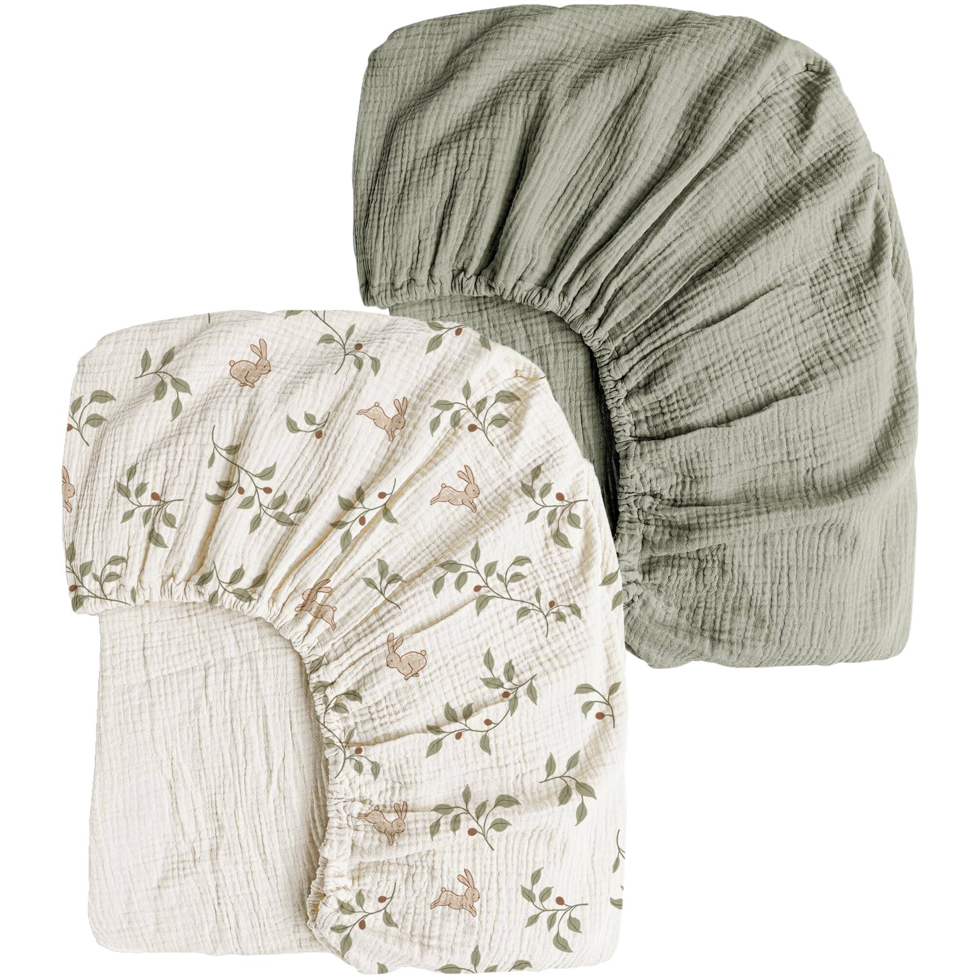 MAGICAL RUBS - Muslin Sheets For Girl Boy 2 Soft And Breathable Cotton Standard Mattress 52"x 28" (pink Sun Khaki Leaf) - Rabbit, Fog Green Crib Sheets