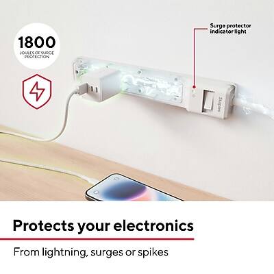 1800 JOLTS OF SURGE PROTECTION  
Surge protector indicator light  

Protects your electronics  
From lightning, surges or spikes