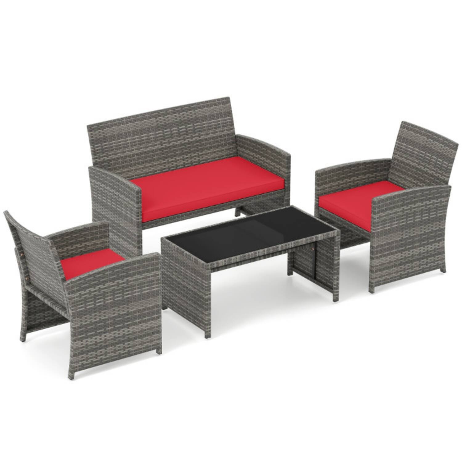 Alt View 3. Mondawe - 25 x 22 x 31 IN Freestanding Patio Conversation Set with Loveseat, 2 Chairs & Table 4-Piece - Mix Gray+Red.