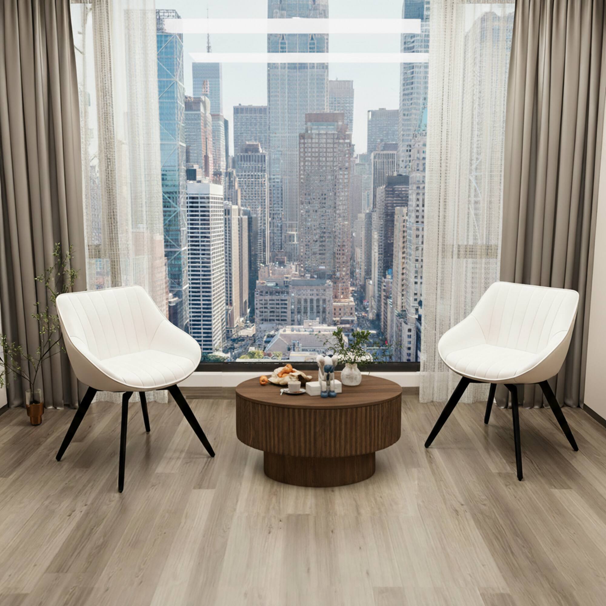 TinyHomie - 29.53in MDF modern round coffee table and 2 PU dining chairs set ring-striped design and storage space dining set - Beige and Walnut