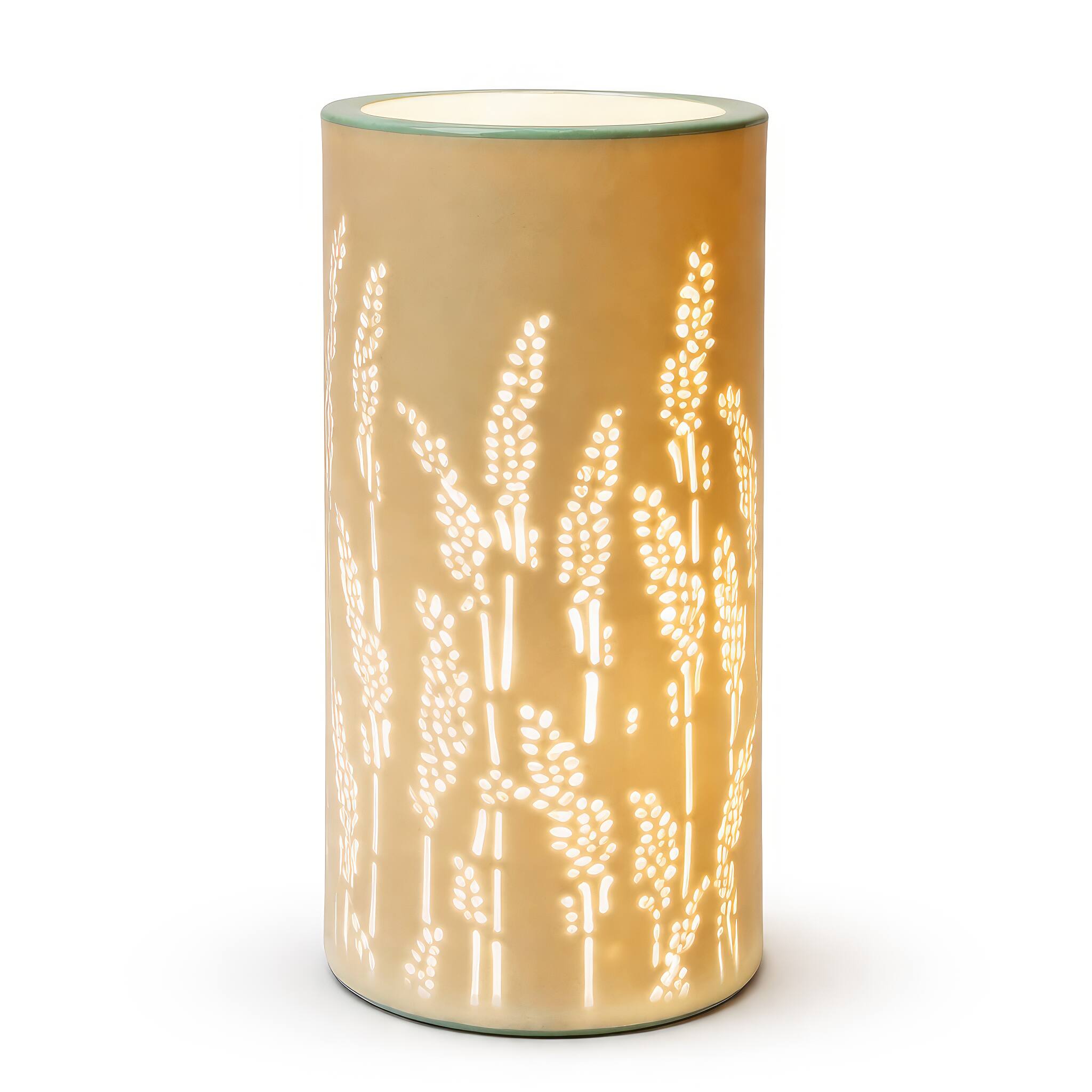 Angle. FC Design - 11"H Golden Cylinder w/ Wheat Cutout Glow Design Table Lamp.