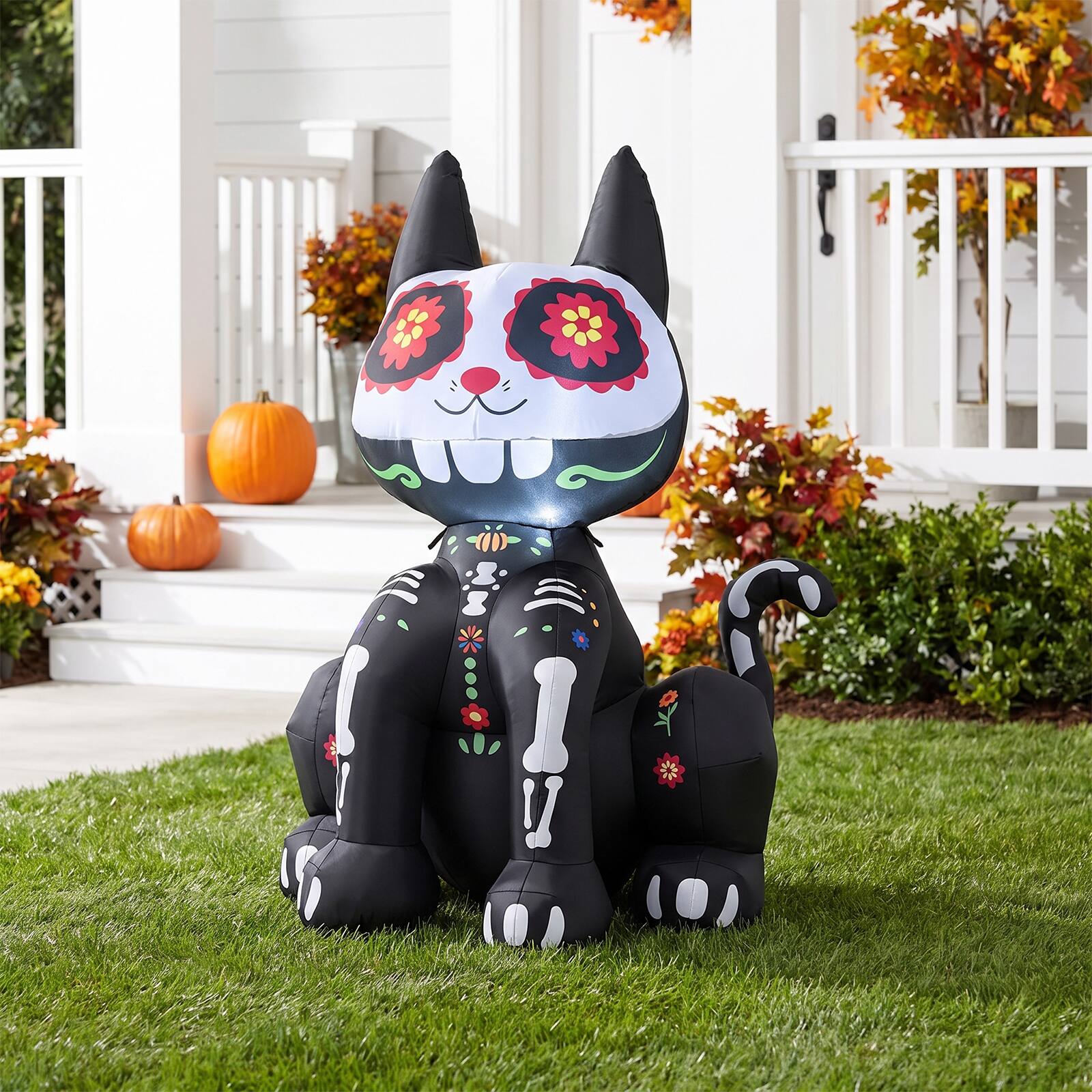 Alt View 4. Costway - Costway 4 FT Day of the Dead Inflatable Skull Cat with LED Light, 2 Water Filled Bags - Black + White.