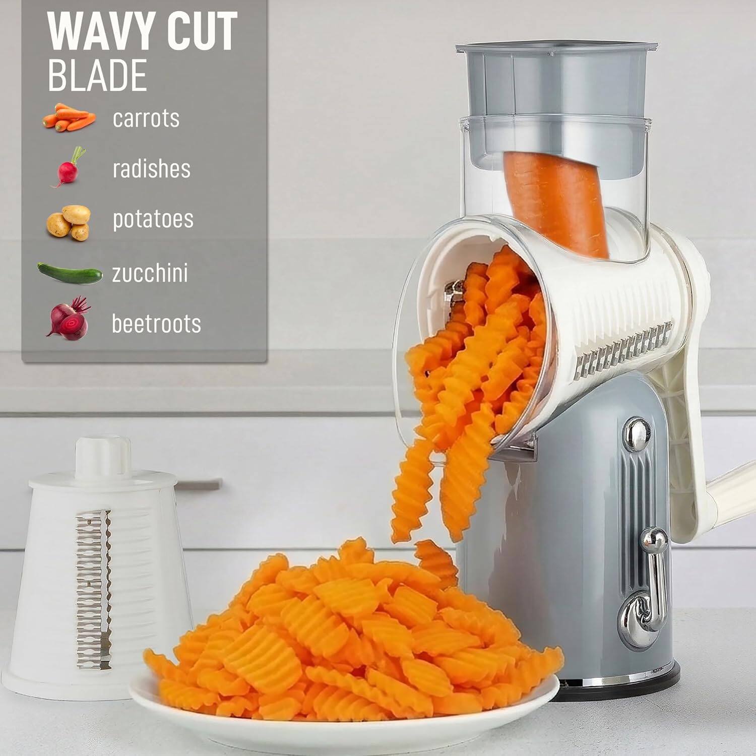 Wavy Cut Blade

- Carrots
- Radishes
- Potatoes
- Zucchini
- Beetroot