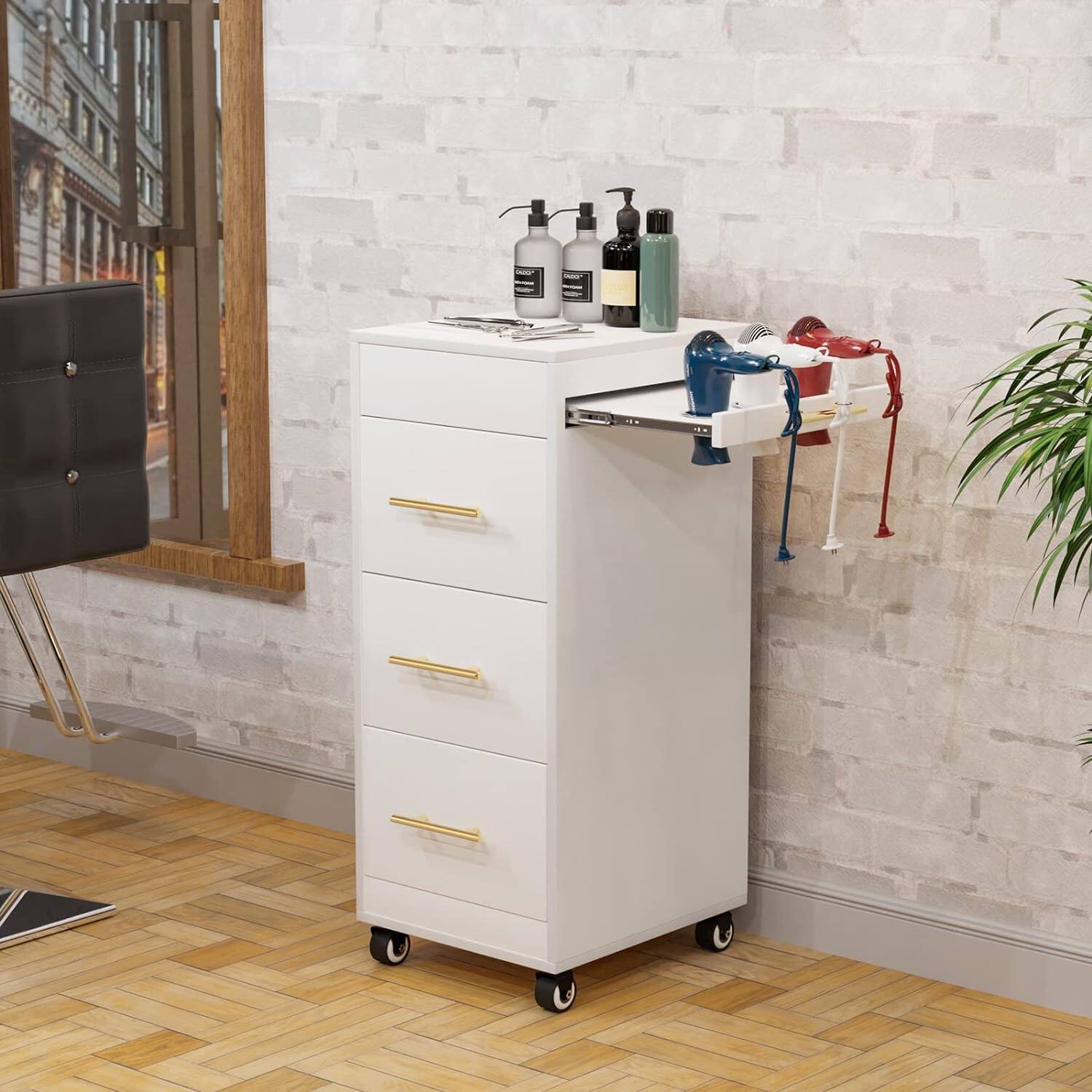 Left. Winado - Mobile Salon Trolley Cart with Locking Wheels , 3 Large Drawers, 3 Hot Tool Holders for Salon, Beauty, Styling, Barber - White.