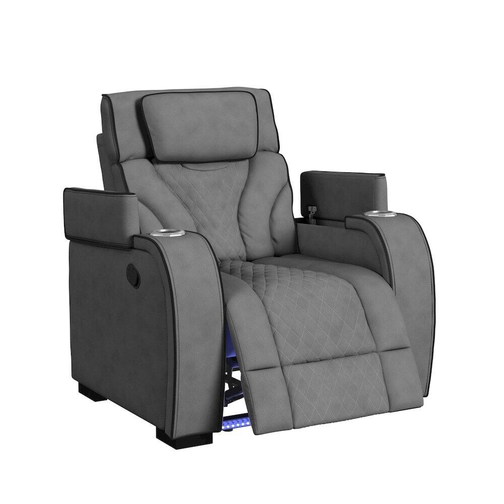 Angle. Picket House Furnishings - Tundra Motion Recliner with LED in Simba Slate and Black Welt - Slate And Black Welt.