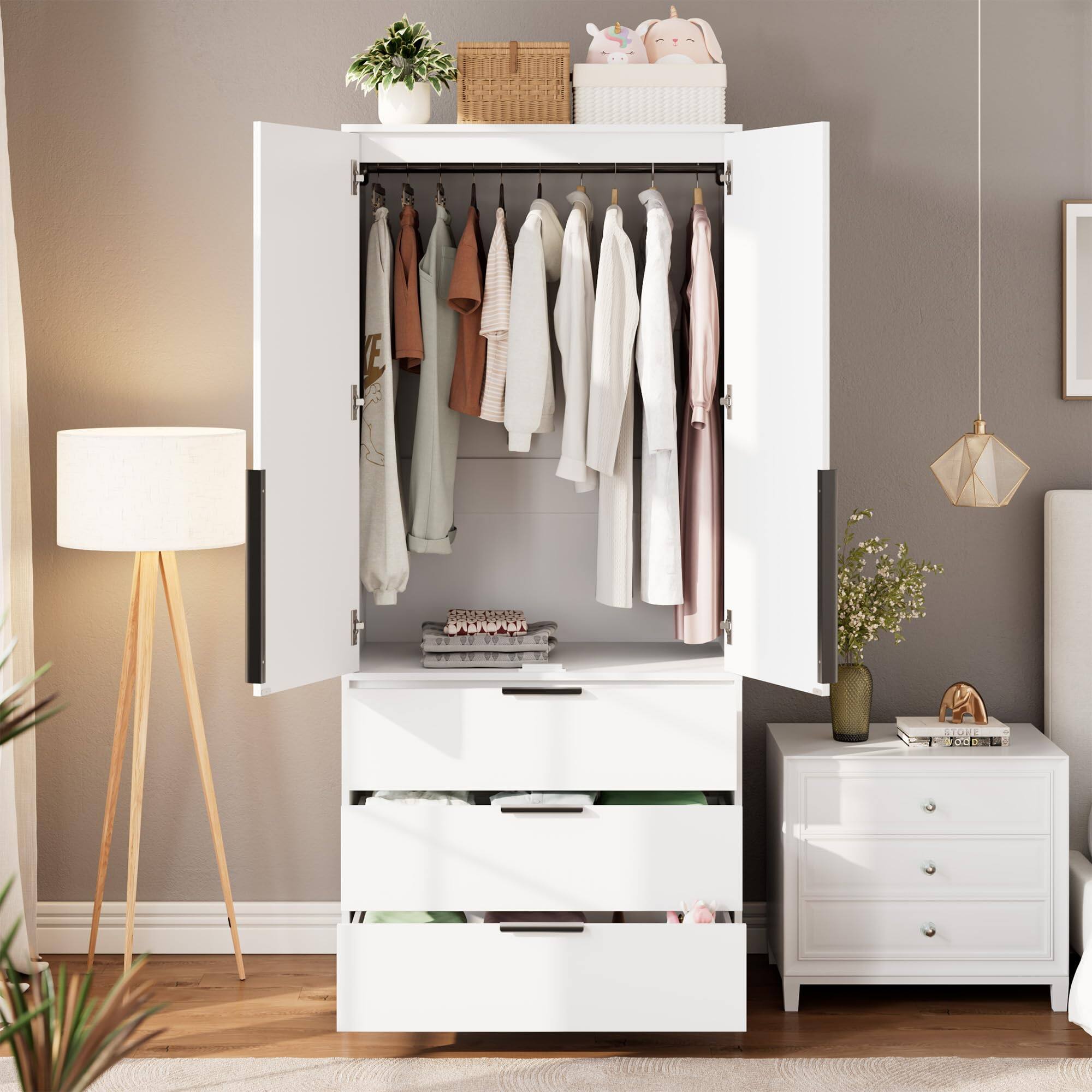 Left. GARVEE - 69.5" Wooden Armoire Wardrobe Closet Cabinet with 3 Drawers Hanging Rod 2 Doors for Bedroom White - White.