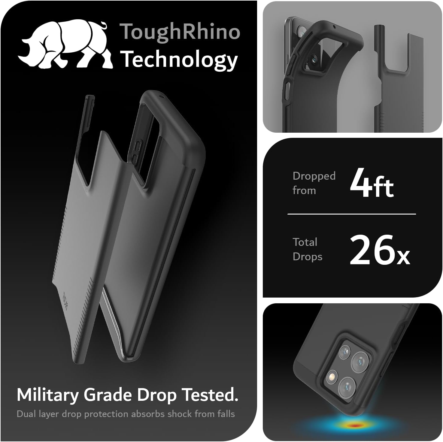 ToughRhino Technology

Dropped from 4ft  
Total Drops 26x

Military Grade Drop Tested.  
Dual layer drop protection absorbs shock from falls
