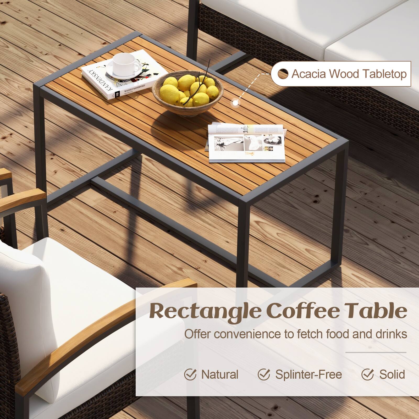The text on the image is grouped and corrected as follows:

"Acacia Wood Tabletop Rectangle Coffee Table Offer convenience to fetch food and drinks Natural Splinter-Free Solid."