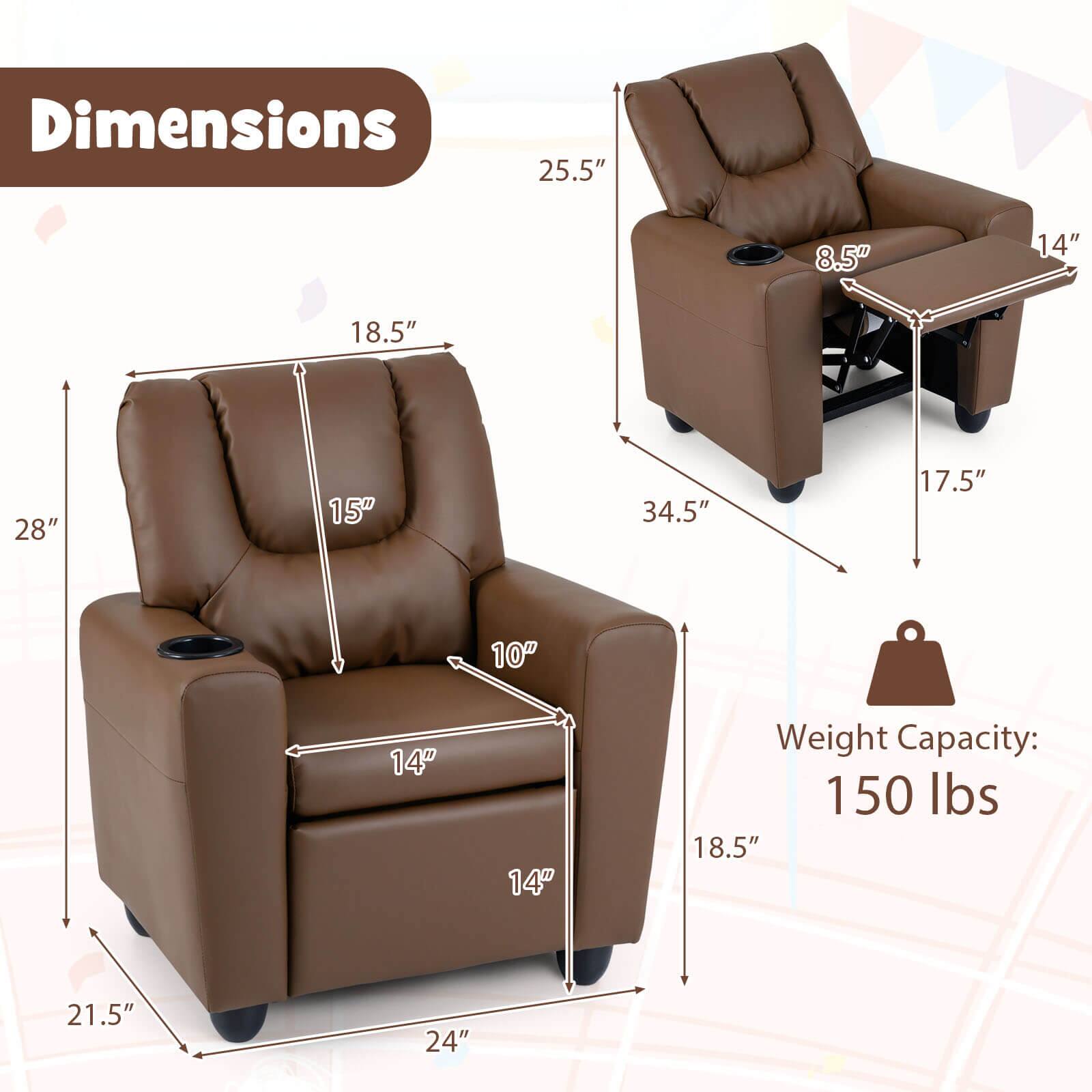 Dimensions:  
- Height: 25.5"  
- Width: 28"  
- Depth: 34.5"  
- Seat Height: 18.5"  
- Seat Width: 21.5"  
- Seat Depth: 24"  
- Armrest Height: 8.5"  
- Armrest Width: 14"  
- Cup Holder Height: 10"  
- Back Height: 15"  
- Side Table Height: 17.5"  
- Side Table Width: 14"  

Weight Capacity: 150 lbs