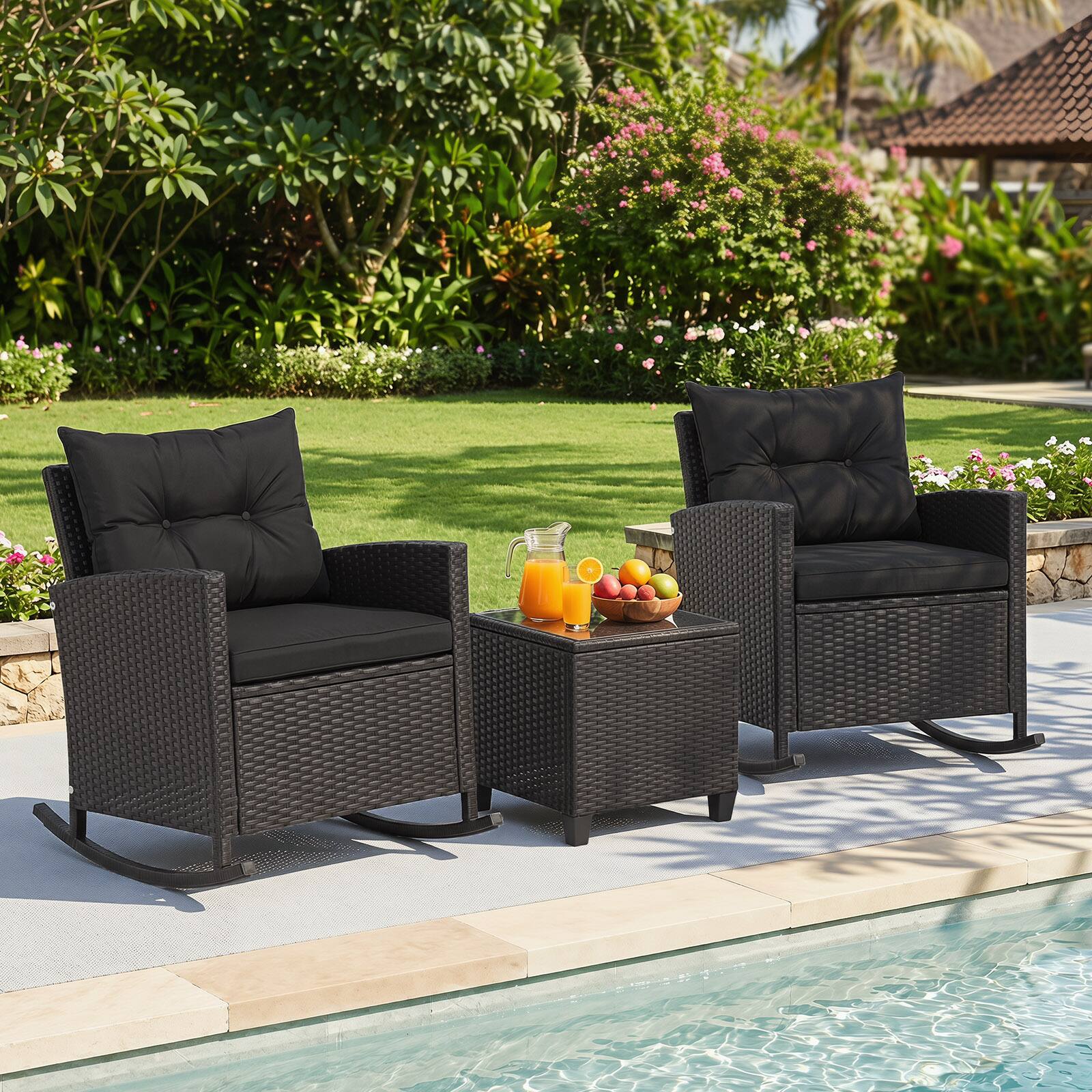 Alt View 3. Costway - Costway 3 PCS Patio Wicker Rocking Set with Tempered Glass Table & Soft Cushions Outdoor - Black + Black.