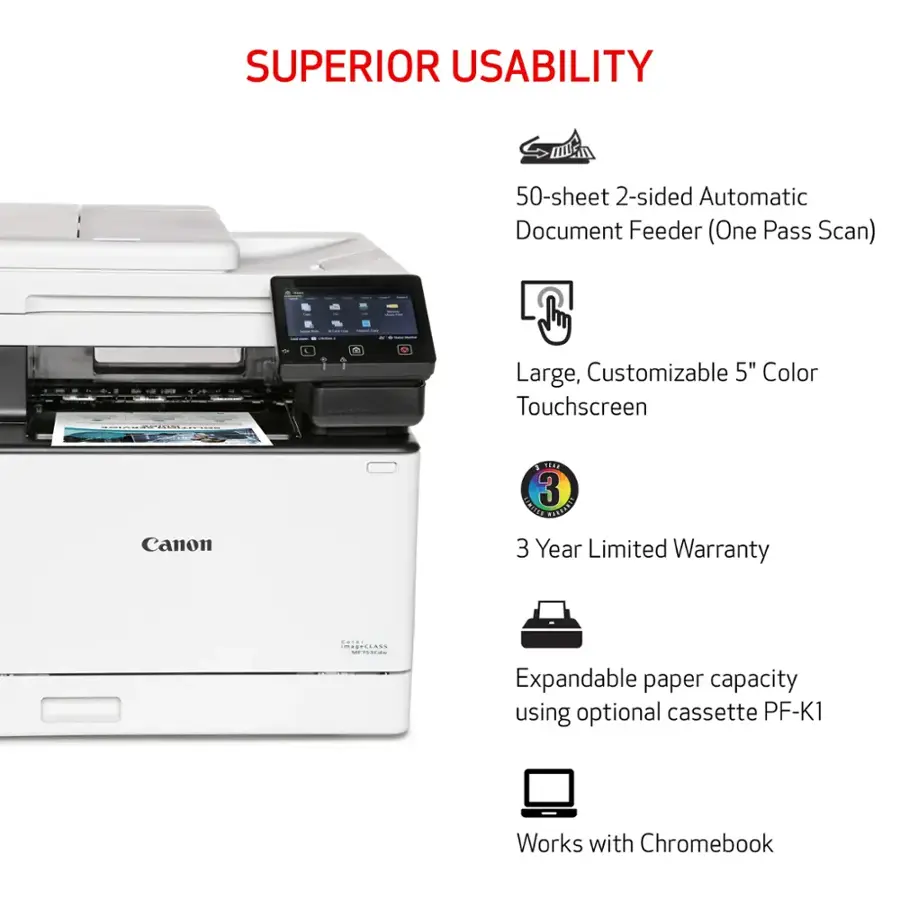 The text on the image can be grouped and corrected as follows:

Features:

* 50-sheet 2-sided Automatic Document Feeder (One Pass Scan)
* Large, Customizable 5" Color Touchscreen
* Canon 9 1860 AICIIED
* 3 Year Limited Warranty
* Expandable paper capacity using optional cassette PF-K1
* Works with Chromebook

Benefits:

* Superior Usability
* Large, Customizable 5" Color Touchscreen
* 3 Year Limited Warranty
* Expandable paper capacity using optional cassette PF-K1
* Works with Chromebook