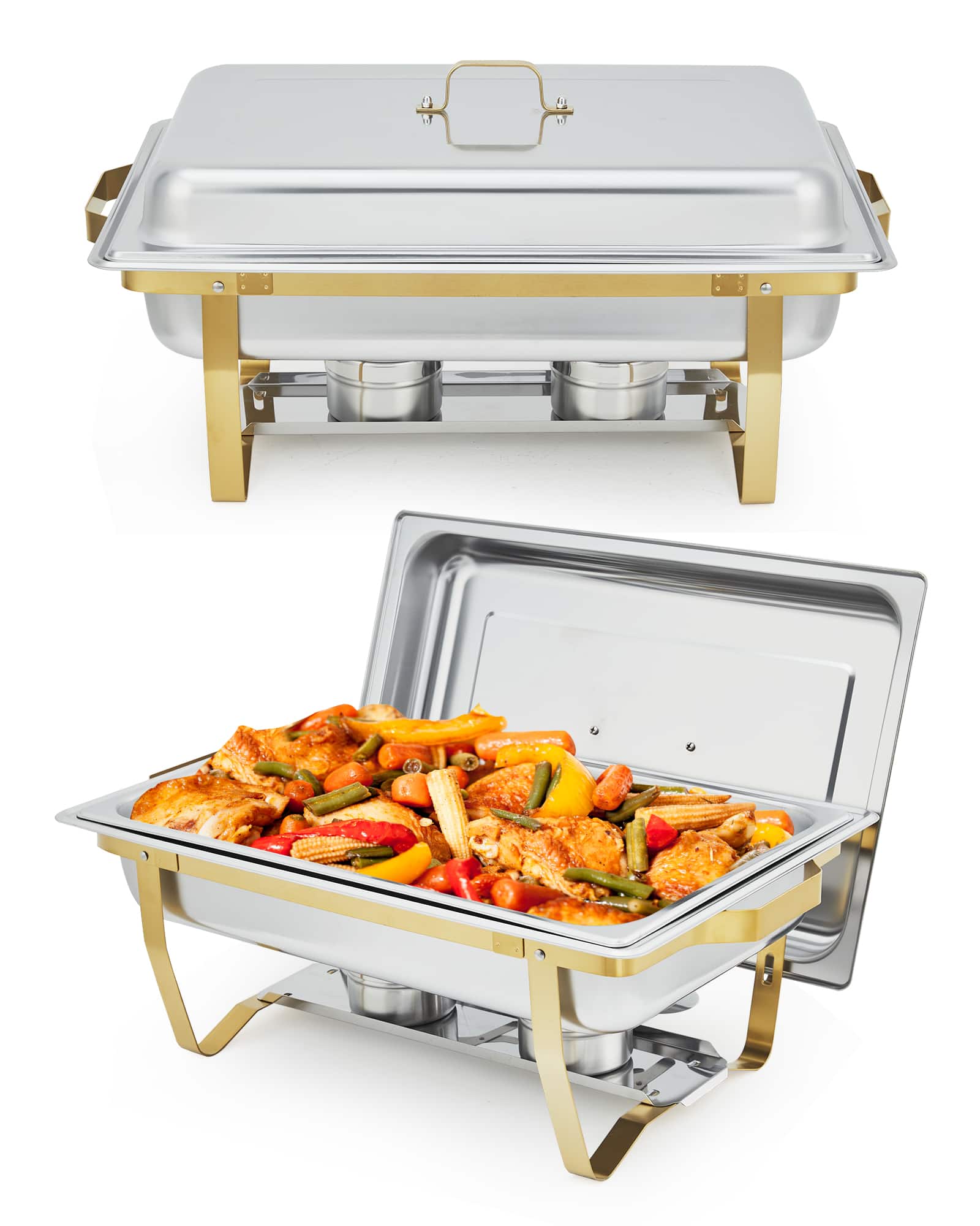 GARVEE - 2 Pack Chafing Dishes for Buffet, 8QT Buffet Servers and Warmers Set with Lid & Foldable Frame - Gold