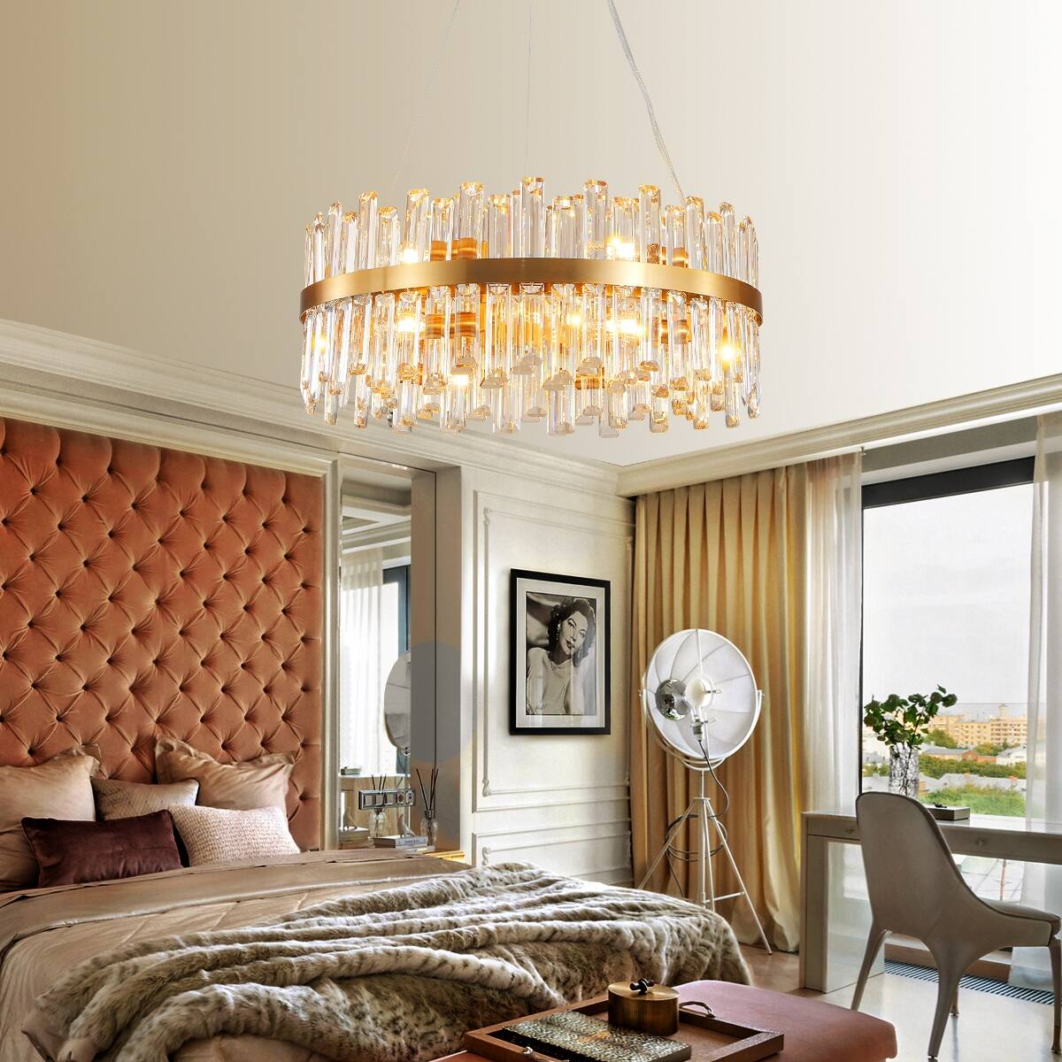 Left. Loheer - Loheer Modern Gold Crystal Chandelier, 23.6 in Circular Fixture for Dining and Living Rooms.