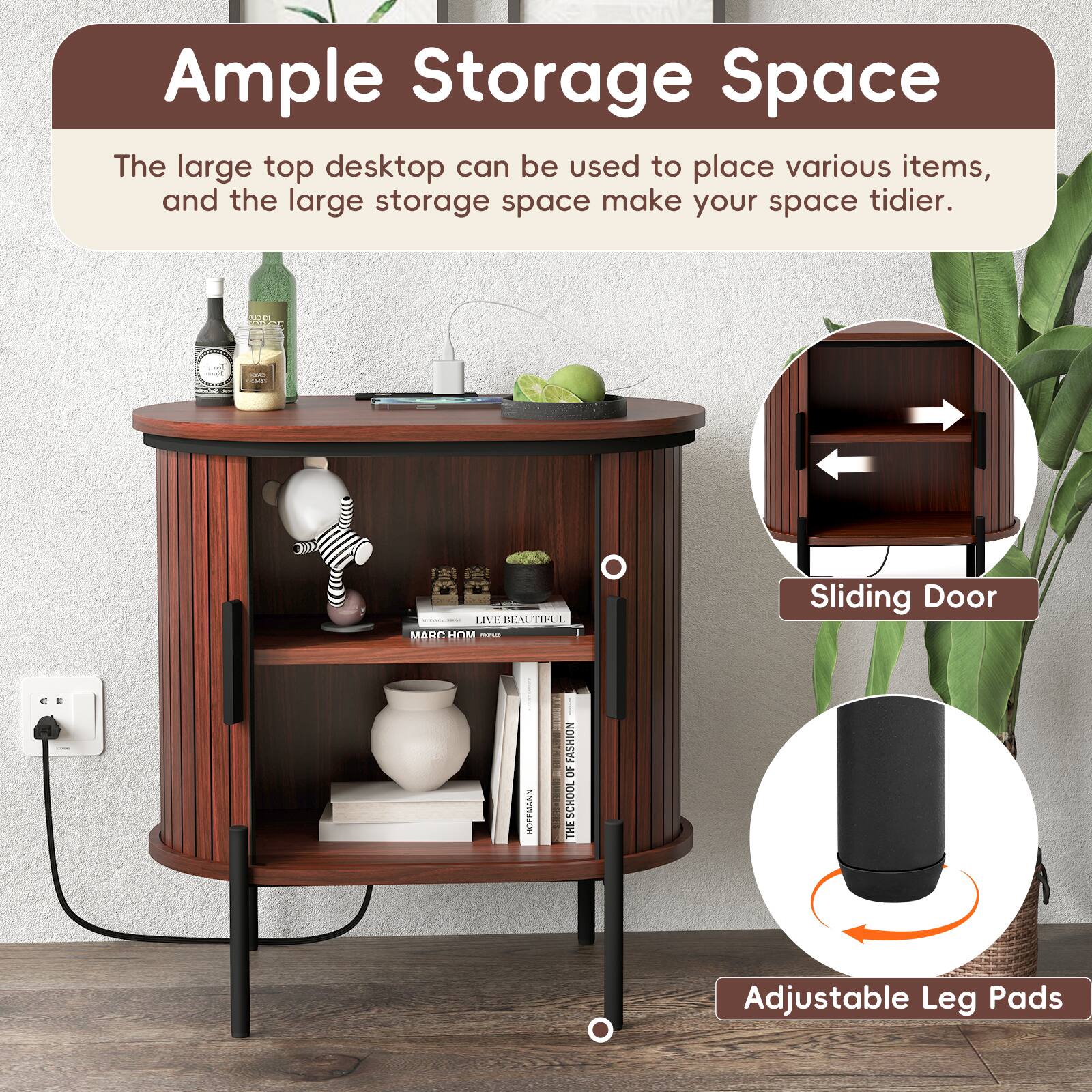 Ample Storage Space

The large top desktop can be used to place various items, and the large storage space make your space tidier.

- Sliding Door
- Adjustable Leg Pads