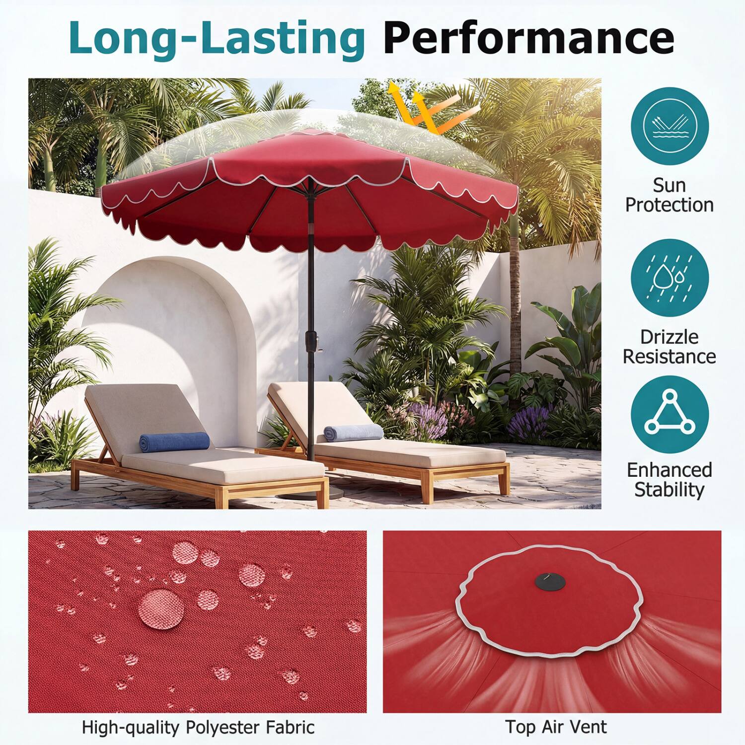 Long-Lasting Performance  
Sun Protection  
Drizzle Resistance  
Enhanced Stability  
High-quality Polyester Fabric  
Top Air Vent