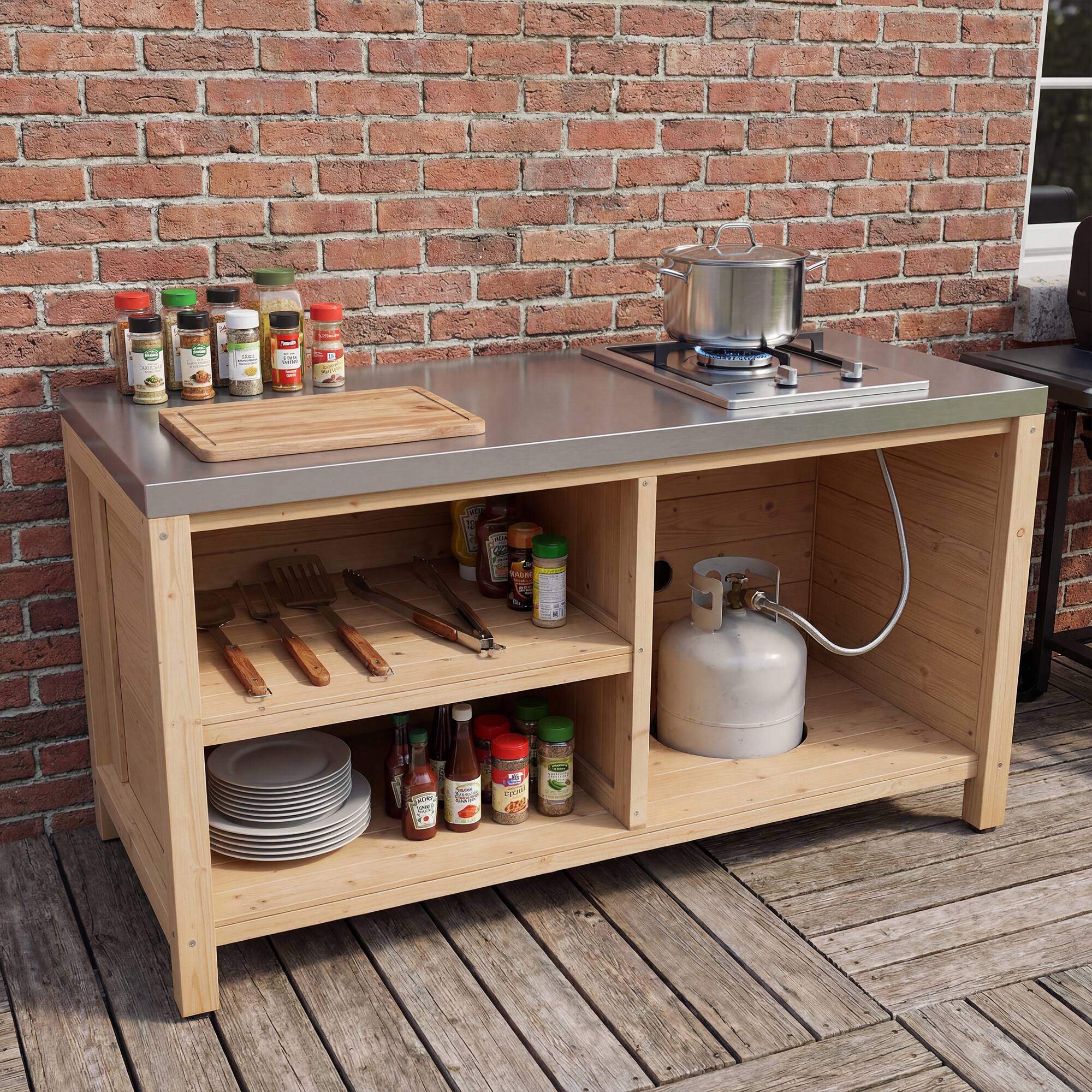 Alt View 1. Famapy - Modular Solid Cedar Outdoor Kitchen Cabinets - All-Weather Storage with Stainless Steel Top for Patio, Grill Station - Wooden.