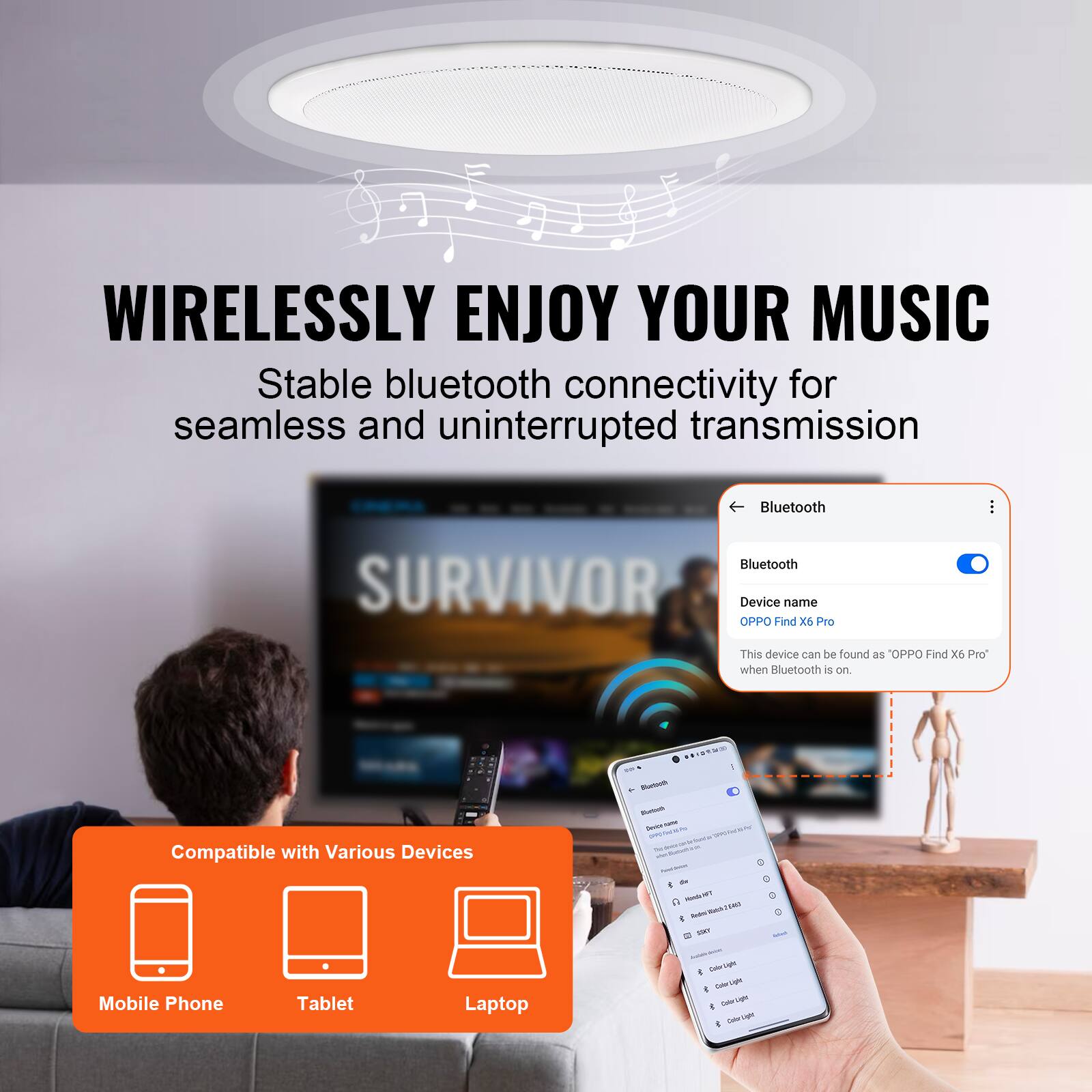 WIRELESSLY ENJOY YOUR MUSIC

Stable bluetooth connectivity for seamless and uninterrupted transmission

Bluetooth

Device name
OPPO Find X6 Pro

This device can be found as "OPPO Find X6 Pro" when Bluetooth is on.

Compatible with Various Devices

Mobile Phone Tablet Laptop