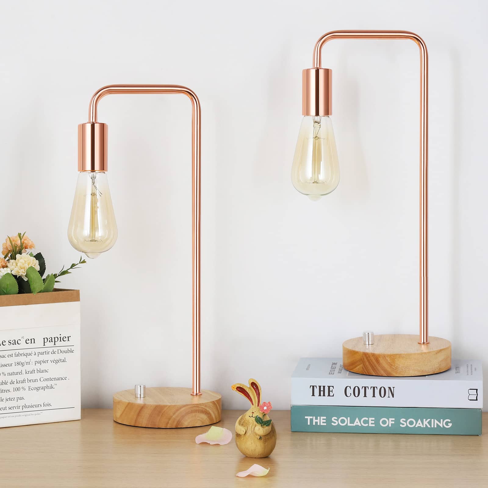 Oumilen - Set of 2 Edison Table Lamp, Industrial Nightstand Lamps, Rose Gold Desk Lamp with Wood Base