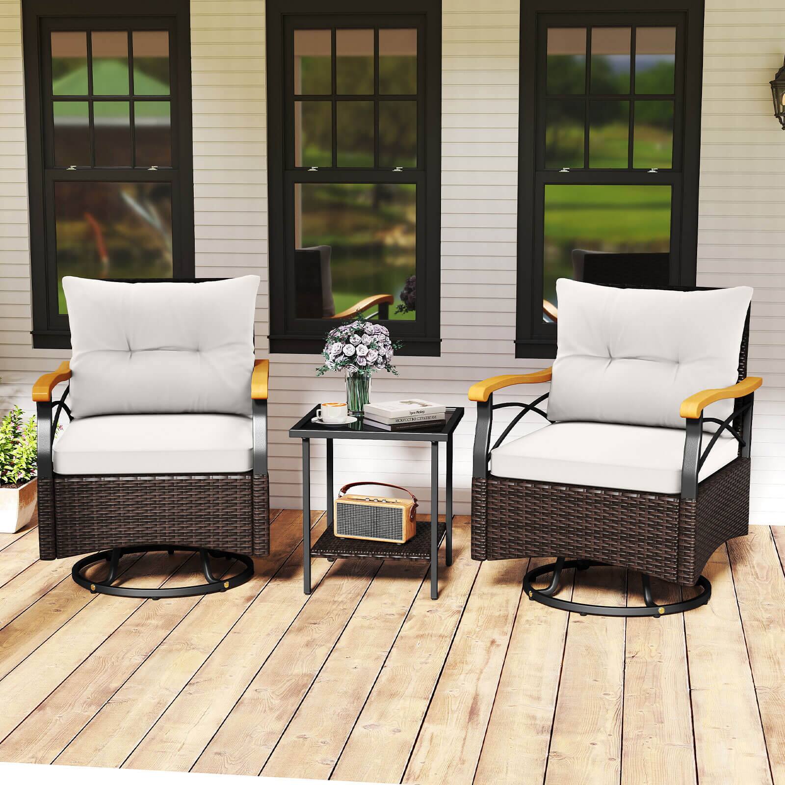Alt View 3. Costway - Costway 3 PCS Outdoor Swivel Chair Set with 2-Tier Tempered Glass Side Table Cushions - Off White.