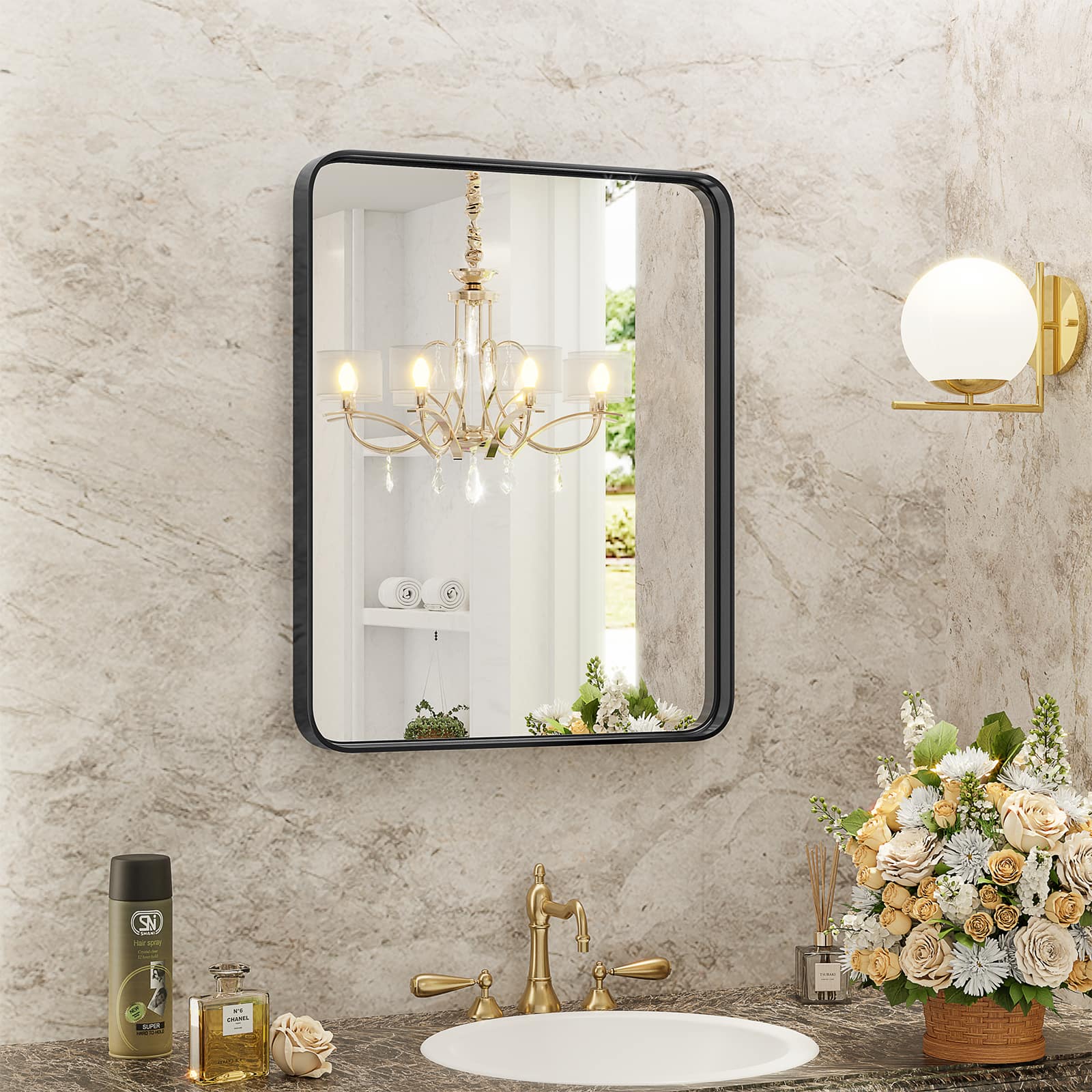 Bestier - Bathroom Mirror for Over Sink Wall, Tempered Glass Vanity Mirror,Aluminum Alloy Framed Wall Mirror - Black-36*24 inch