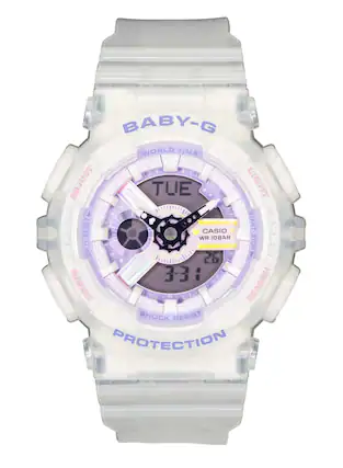 BABY-G WORLD TIME ADJUST TUE LIGHT RESET WR CASIO WR 10BAR START/STOP SPLIT-RESET MODE SEARCH SHOCK RESIST PROTECTION