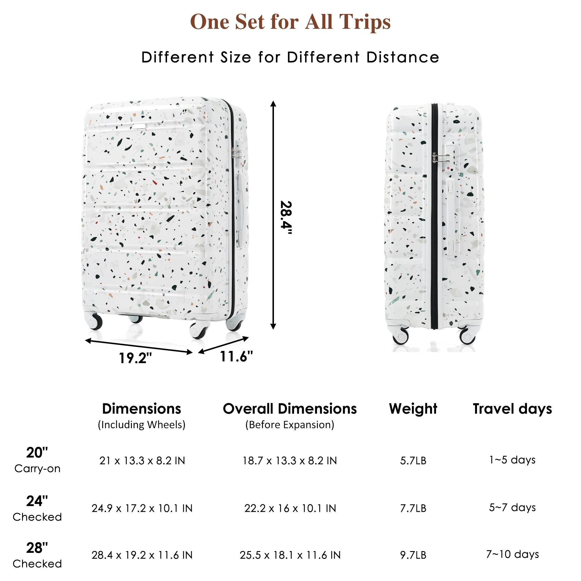 One Set for All Trips  
Different Size for Different Distance  

Dimensions (Including Wheels)  
20" Carry-on: 21 x 13.3 x 8.2 IN  
24" Checked: 24.9 x 17.2 x 10.1 IN  
28" Checked: 28.4 x 19.2 x 11.6 IN  

Overall Dimensions (Before Expansion)  
20" Carry-on: 18.7 x 13.3 x 8.2 IN  
24" Checked: 22.2 x 16 x 10.1 IN  
28" Checked: 25.5 x 18.1 x 11.6 IN  

Weight  
20" Carry-on: 5.7LB  
24" Checked: 7.7LB  
28" Checked: 9.7LB  

Travel days  
20" Carry-on: 1-5 days  
24" Checked: 5-7 days  
28" Checked: 7-10 days