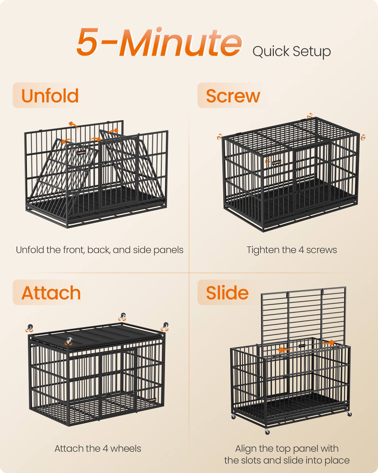 5-Minute Quick Setup

Unfold
Unfold the front, back, and side panels

Screw
Tighten the 4 screws

Attach
Attach the 4 wheels

Slide
Align the top panel with the slots and slide into place