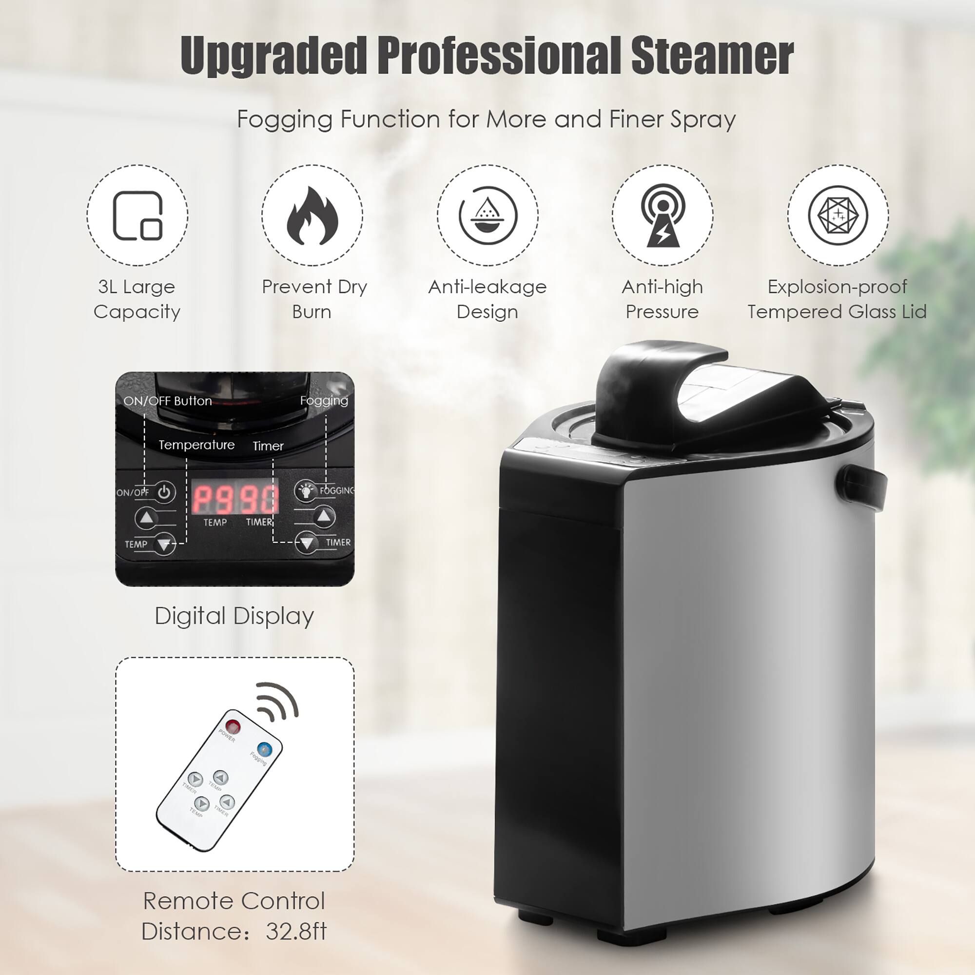 Upgraded Professional Steamer Fogging Function for More and Finer Spray 3L Large Capacity Prevent Dry Burn Anti-leakage Design Anti-high Explosion-proof Pressure Tempered Glass Lid ON/OFF Button Fogging Temperature Timer ON/OR P980 TEMP TIMER FOGGING TIMP TIMAR Digital Display Y Remote Control Distance: 32.8ft