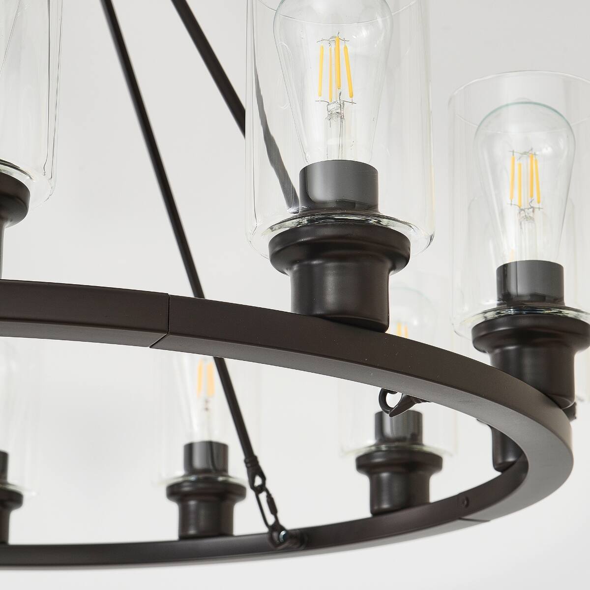 Alt View 10. Loheer - Loheer Modern Farmhouse Chandelier, Twelve Light Wagon Wheel Fixture with Clear Glass Shades for Dining Room.