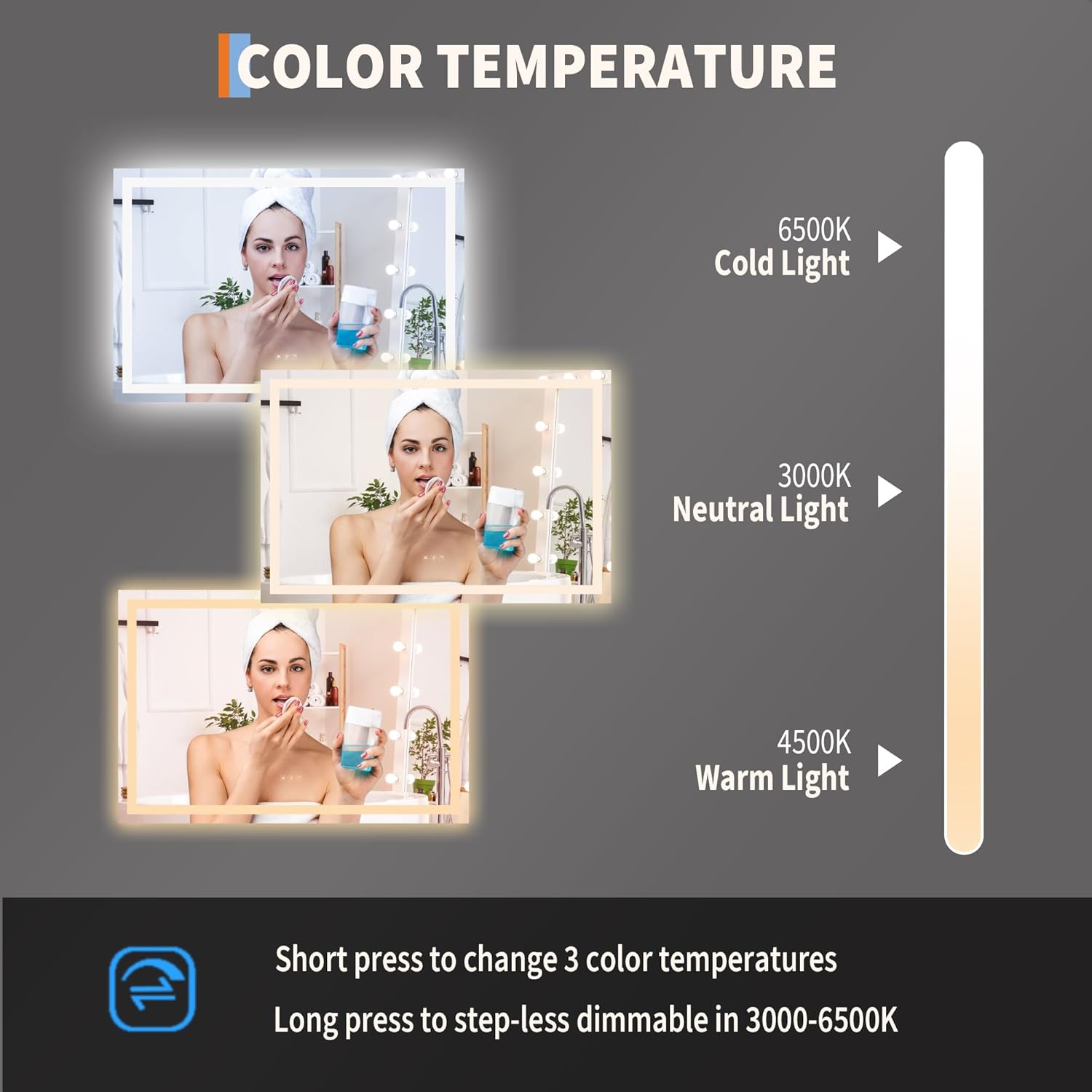 COLOR TEMPERATURE

6500K Cold Light  
3000K Neutral Light  
4500K Warm Light  

Short press to change 3 color temperatures  
Long press to step-less dimmable in 3000-6500K