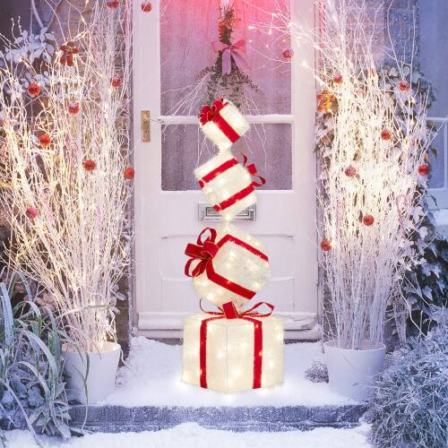 Alt View 2. Winado - 4PCS Christmas Gift Boxes Pre-lit Stacked Present Boxes Tower with LED Light for Indoor Outdoor Holiday Party Decoration - Red & White.